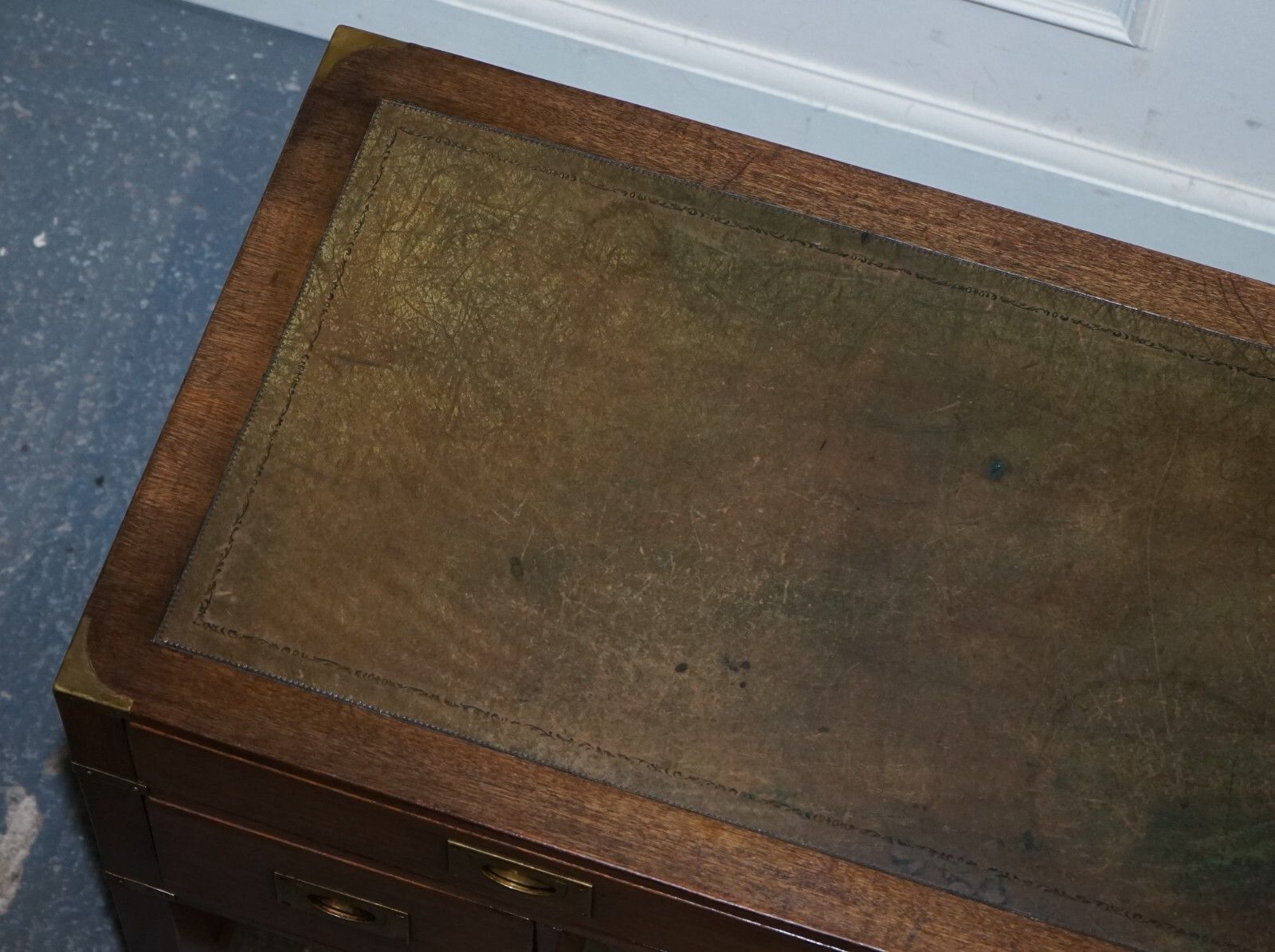 1950.0 Vintage Harrods London Kennedy Military Campaign Leather Top Writing Table Desk photo