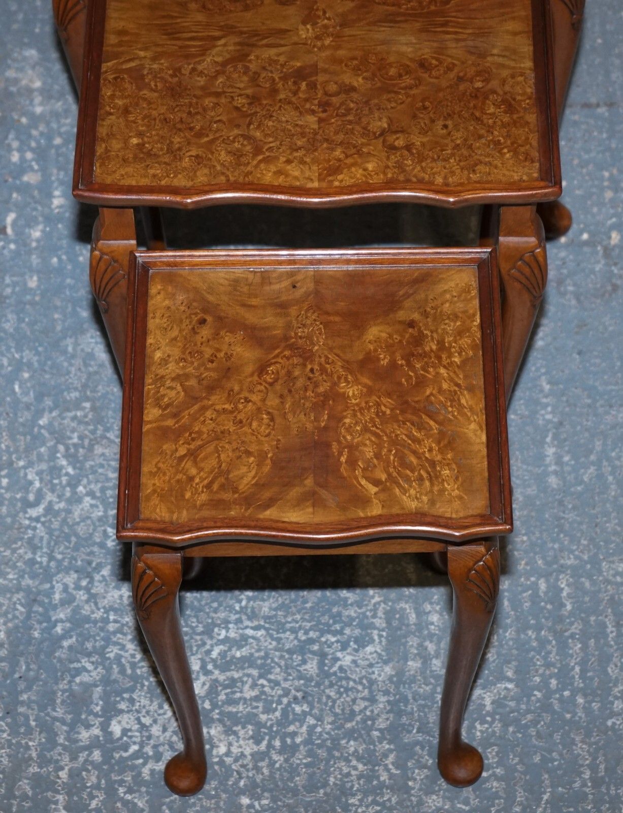 photo buy 1920 Art Deco Burr Walnut Nest Of Three Tables Queen Anne Legs