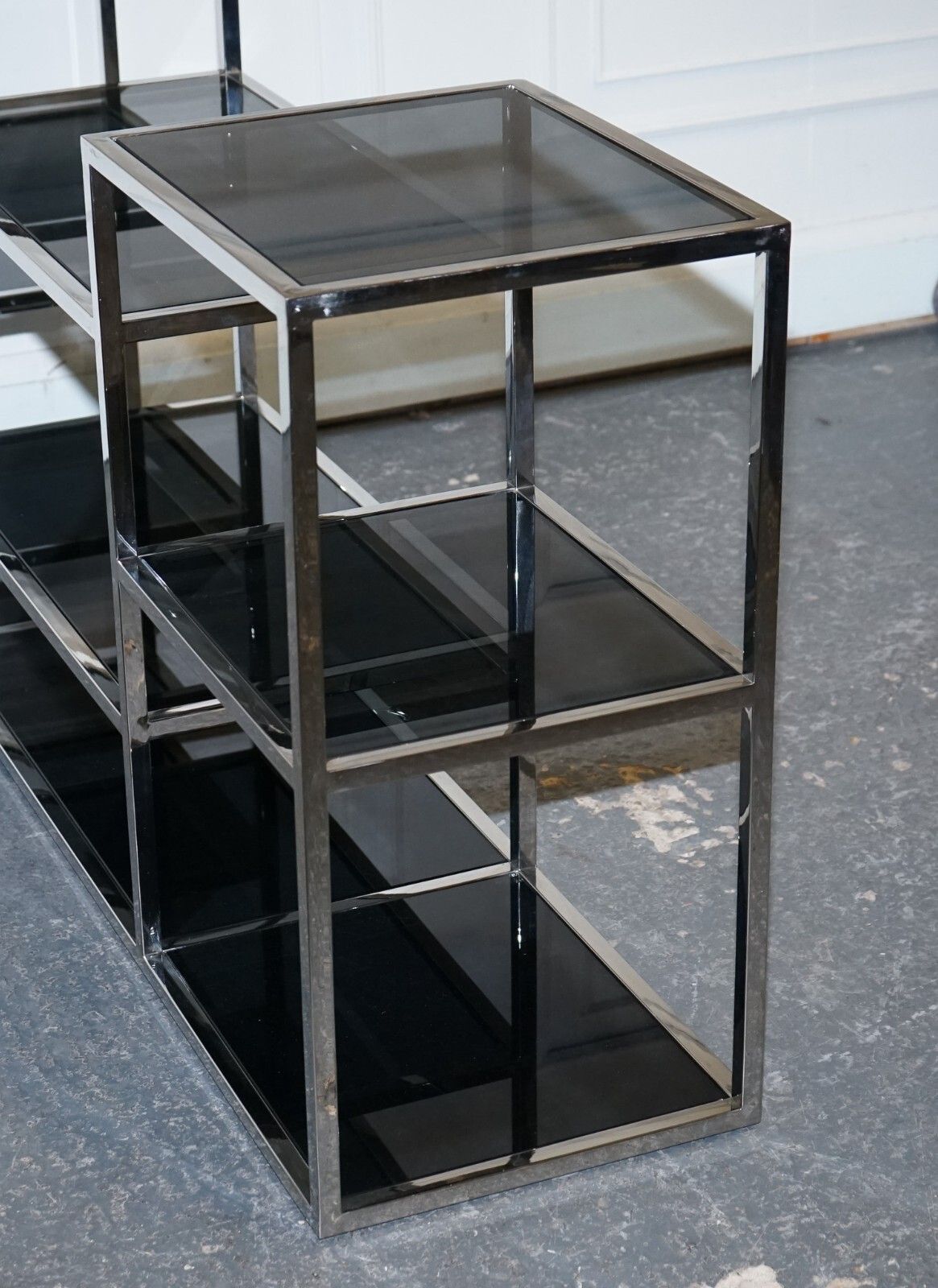 photo vintage Showroom Casa Padrino Smoked Glass Polished Stainless Steel Console Table
