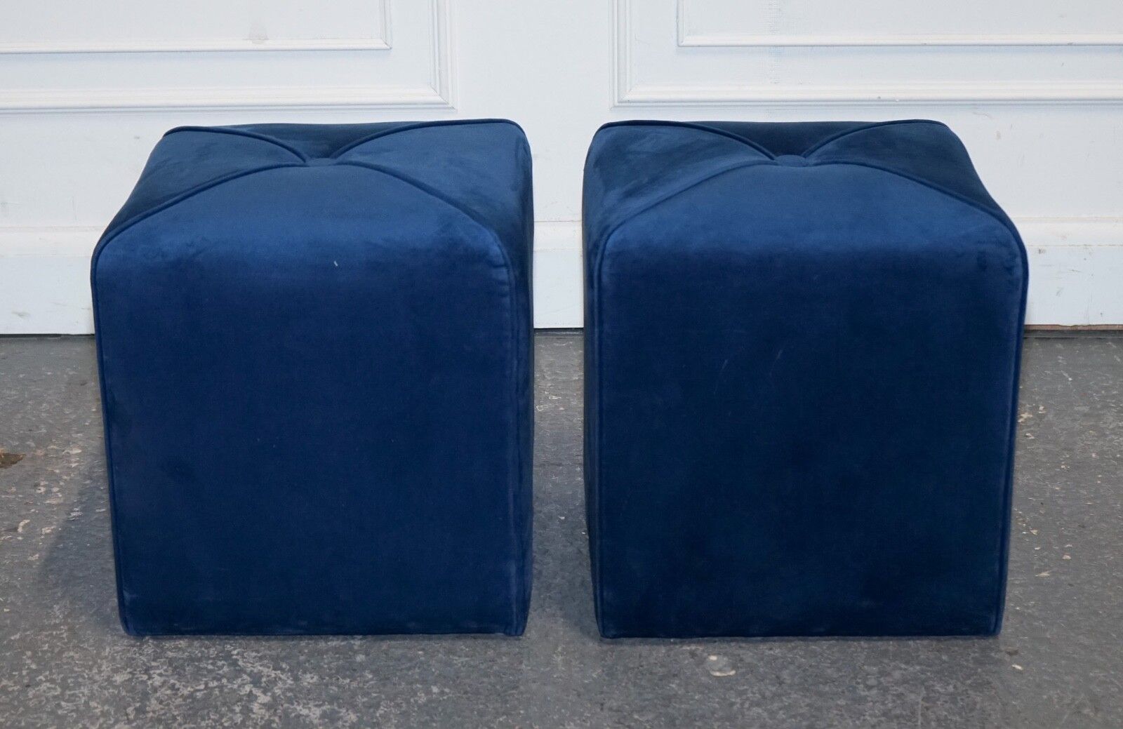 Furniture Ex Showroom Art Deco Style Pair Of Blue Velvet Touch Fabric Blue Stools photo