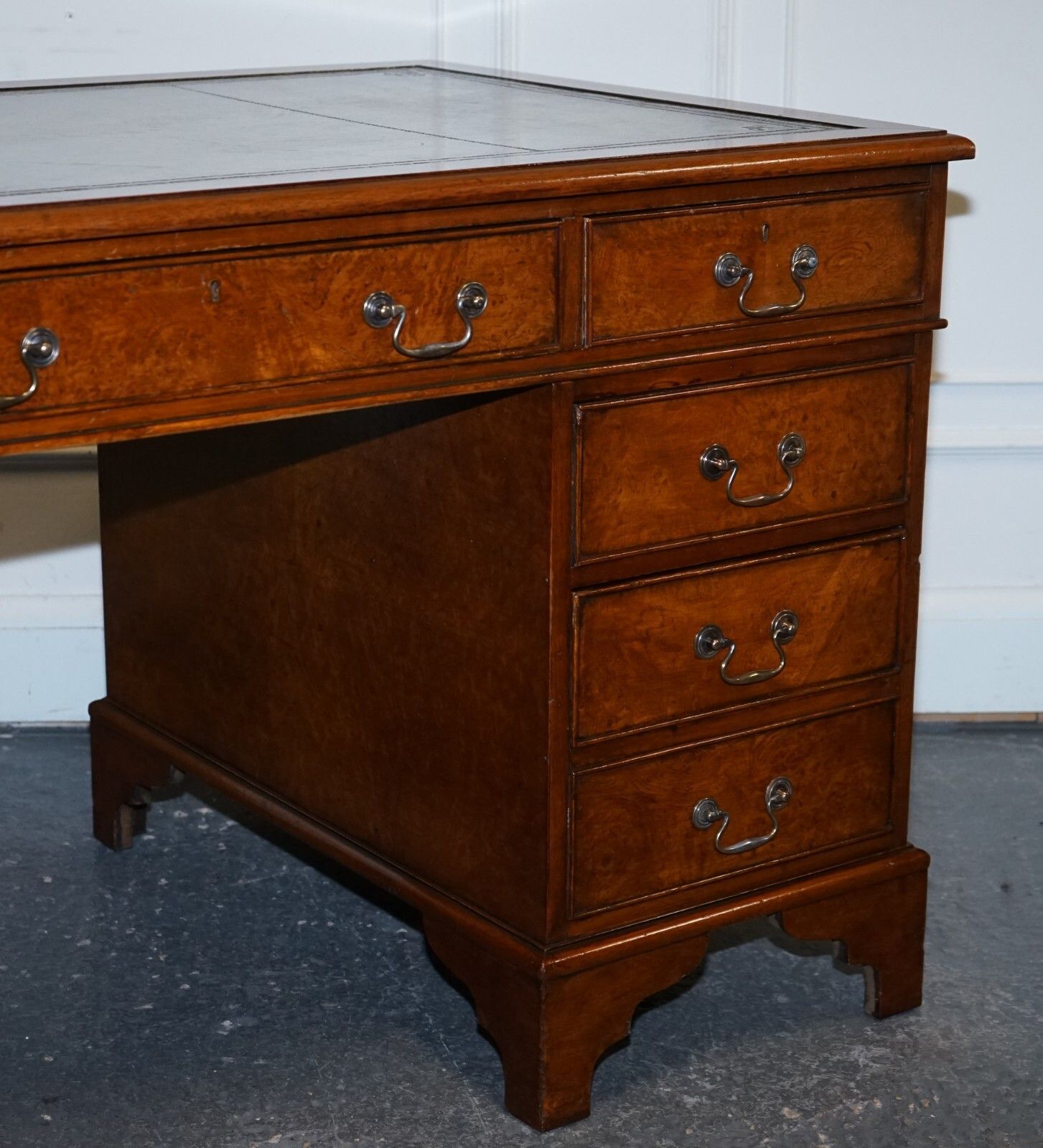 One Of A Kind Restored Victorian Burr Walnut Hand Dyed Leather Pedestal Desk photo 2650.0