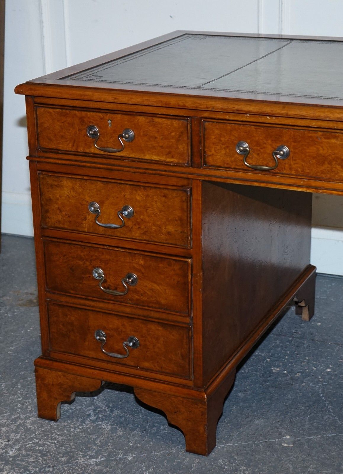 One Of A Kind Restored Victorian Burr Walnut Hand Dyed Leather Pedestal Desk photo buy