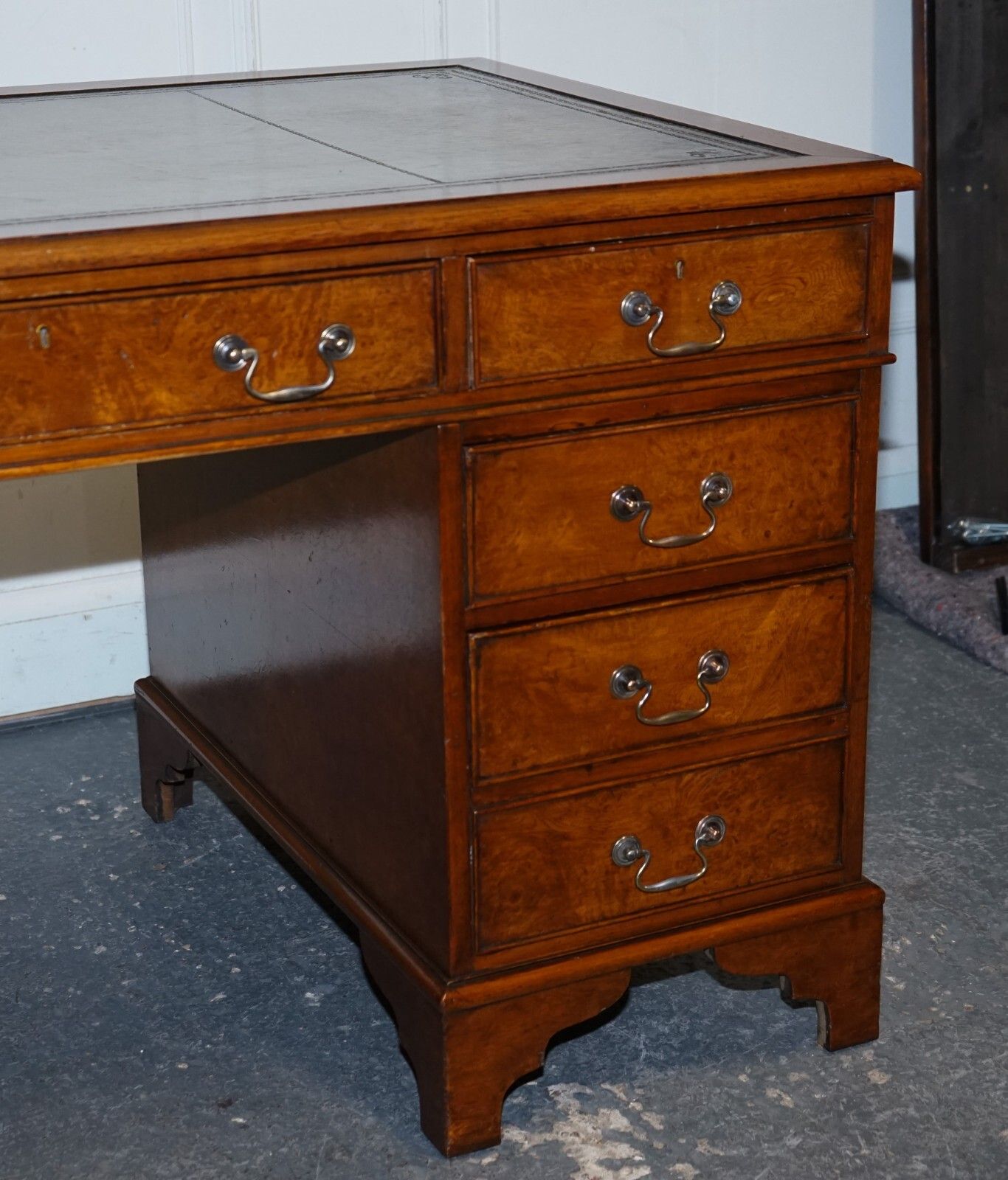 One Of A Kind Restored Victorian Burr Walnut Hand Dyed Leather Pedestal Desk photo vintage