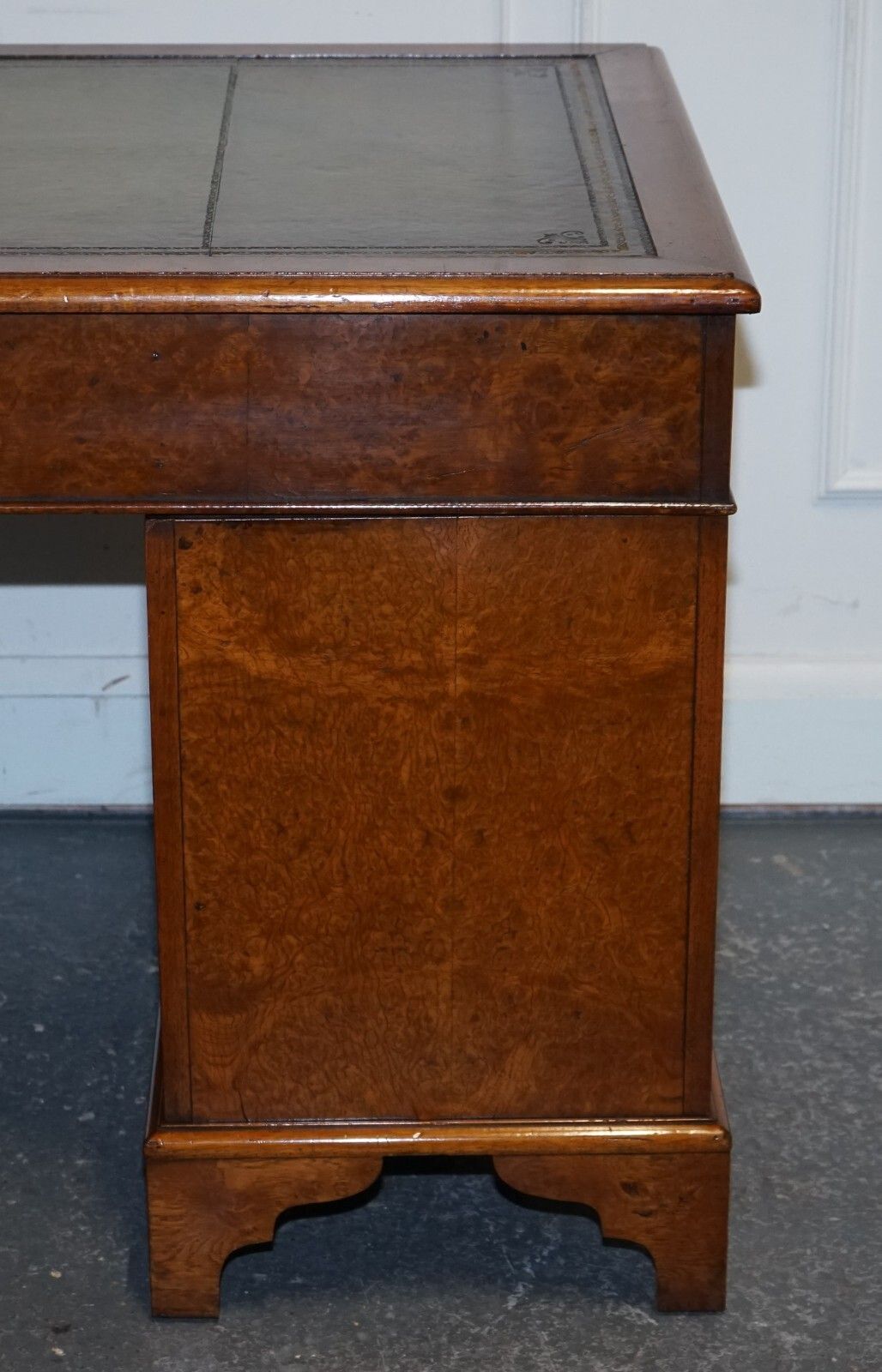 photo vinterior One Of A Kind Restored Victorian Burr Walnut Hand Dyed Leather Pedestal Desk