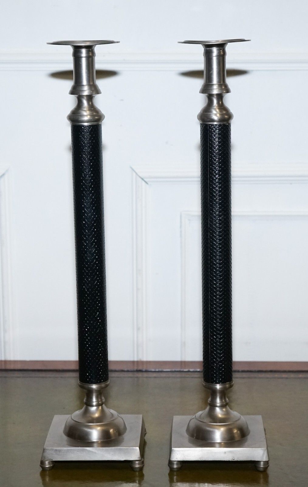 Pair Of Silver Stainless Steel & Black Ralph Lauren Style Candleholders photo for sale