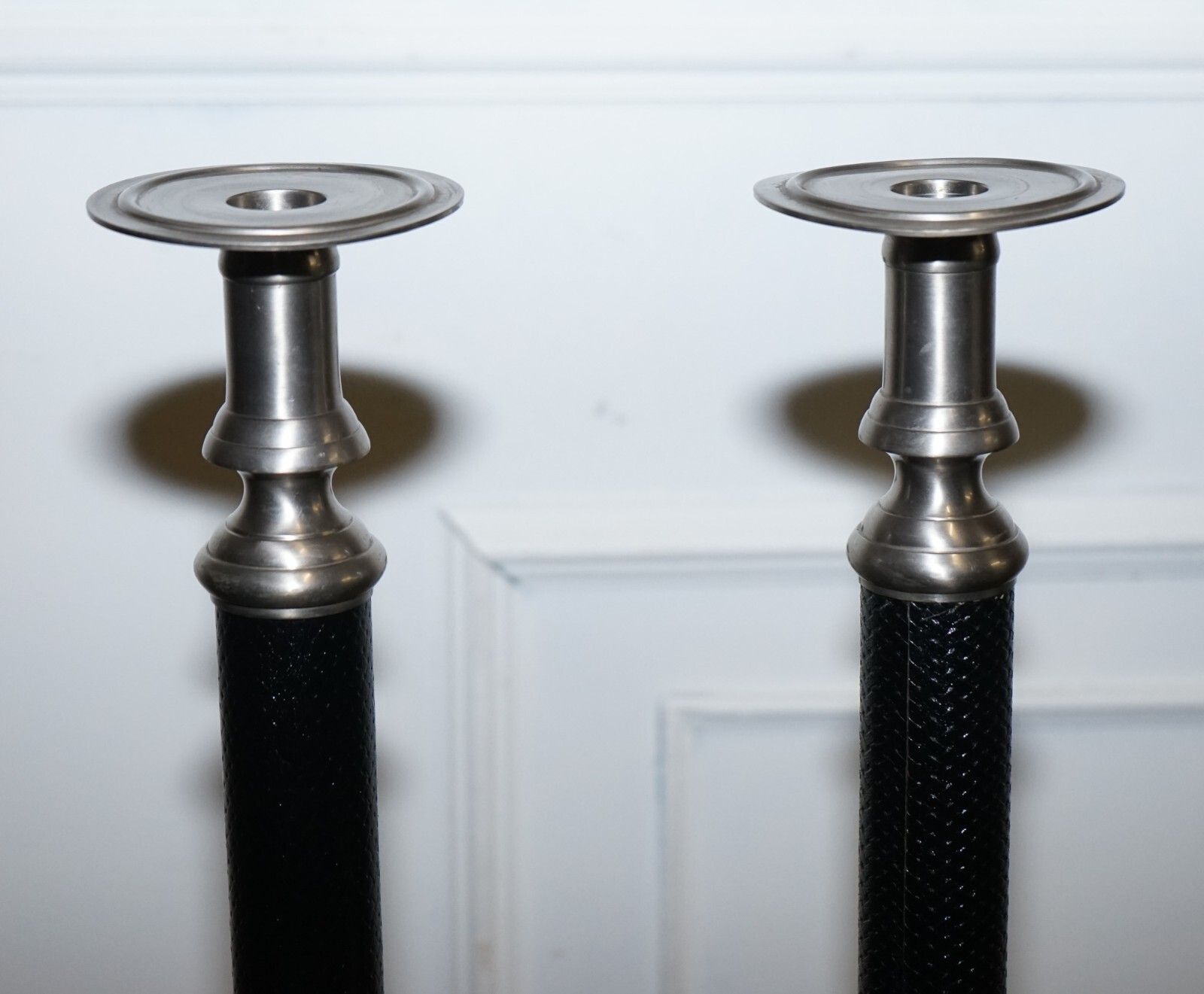 Pair Of Silver Stainless Steel & Black Ralph Lauren Style Candleholders photo vinterior