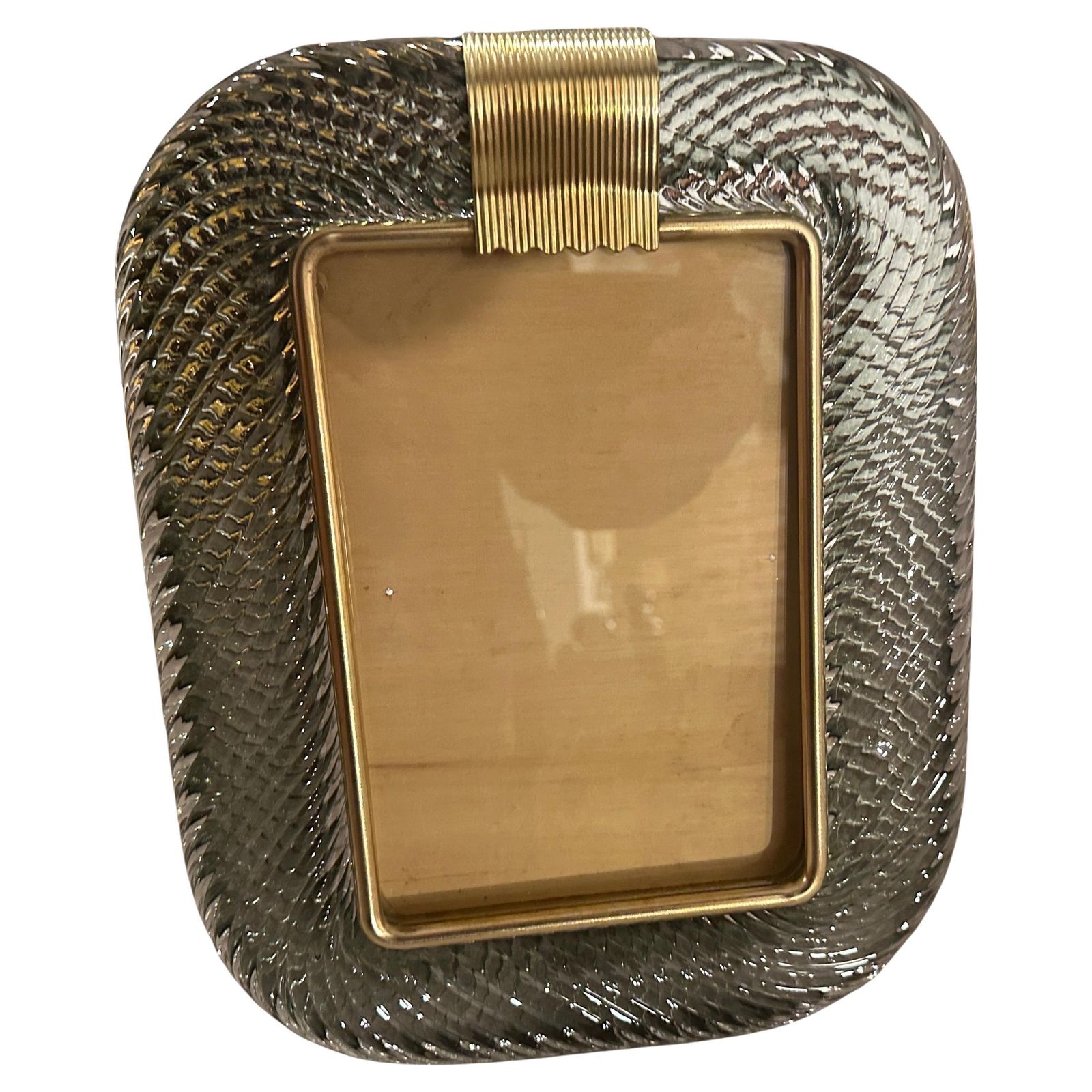 1990s Barovier Style Art Deco Grey Murano Glass And Brass Picture Frame photo for sale