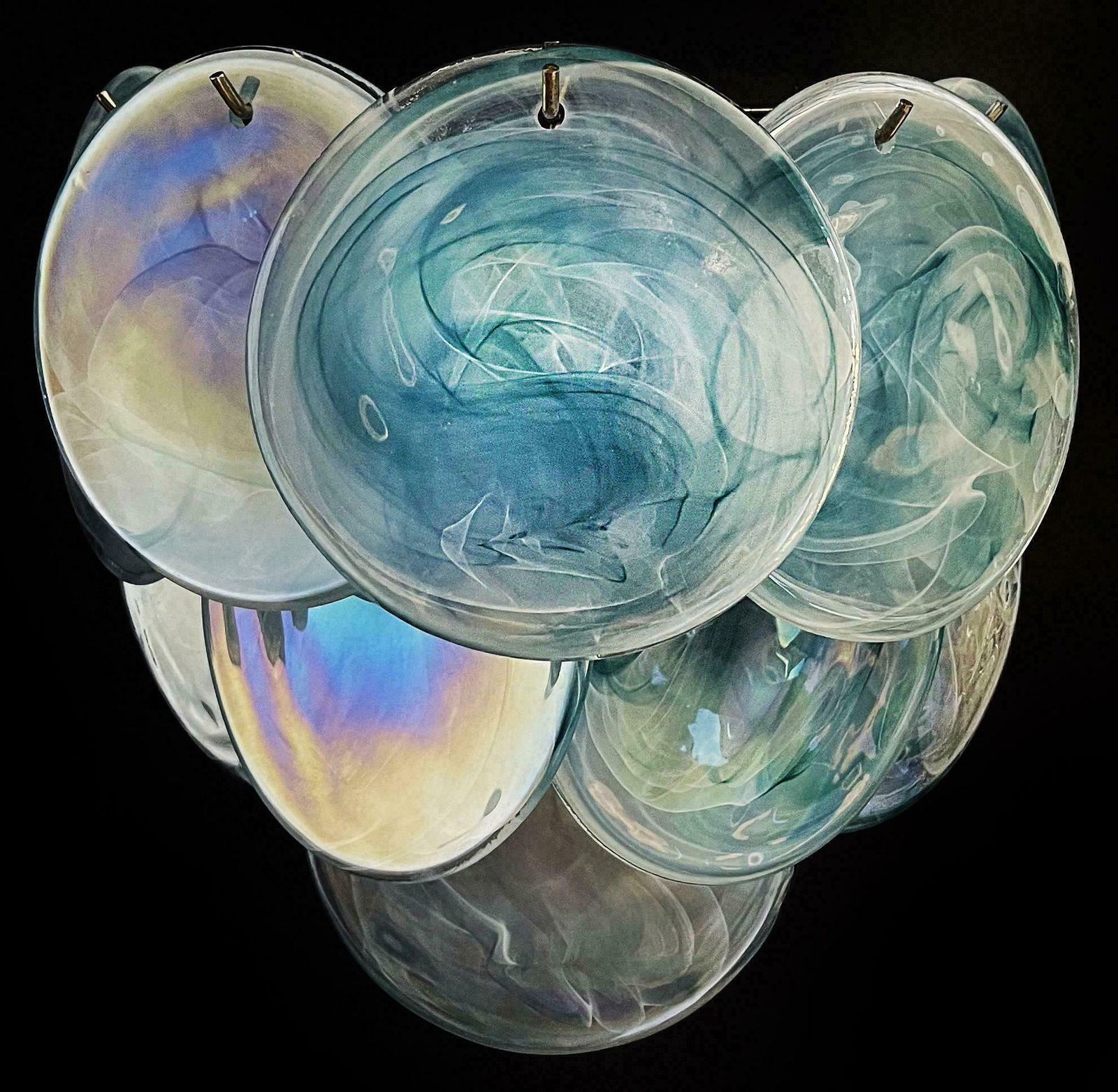 photo for sale Elegant Pair Of Glass Wall Sconces   10 Iridescent Alabaster Blue Discs