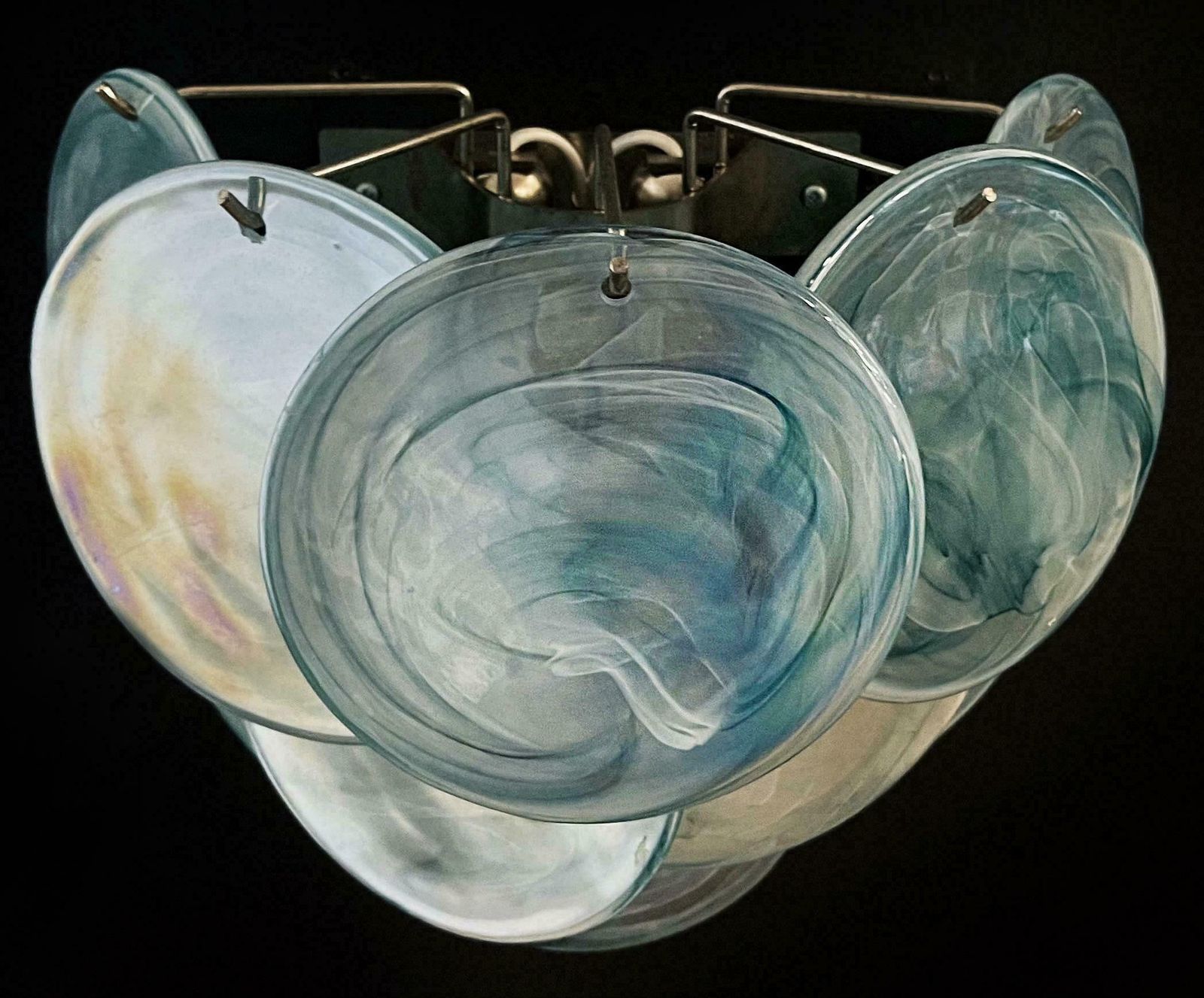 photo vinterior Elegant Pair Of Glass Wall Sconces   10 Iridescent Alabaster Blue Discs