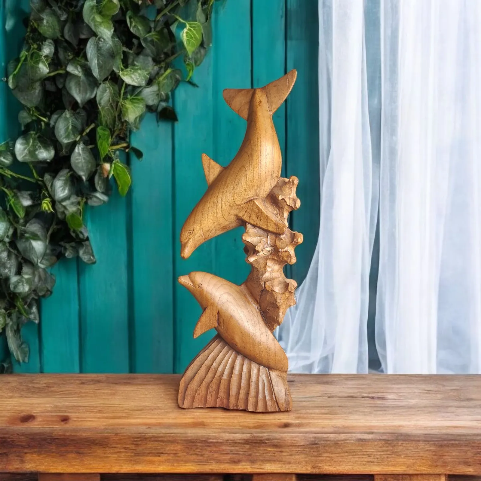 Hand Carved Tropical Hardwood Dolphin Sculpture Coastal Nautical Decor