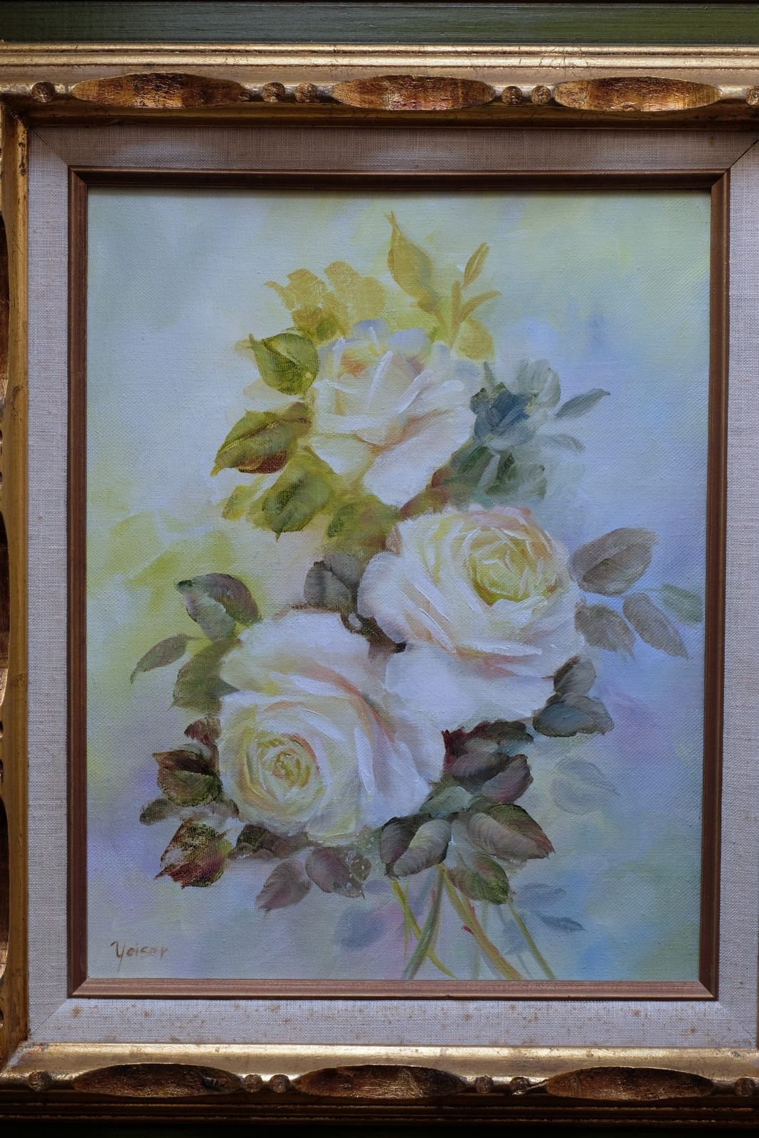 Art Still Life Of Yellow Roses Oil On Canvas Signed Yeiser photo