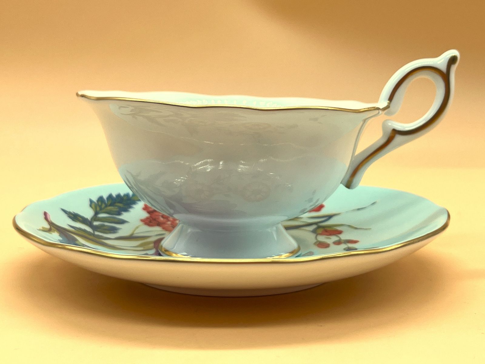 Wedgwood China Harlequin Collection Turquoise Crocus Design Footed Tea Cup And Saucer Duo. photo vinterior
