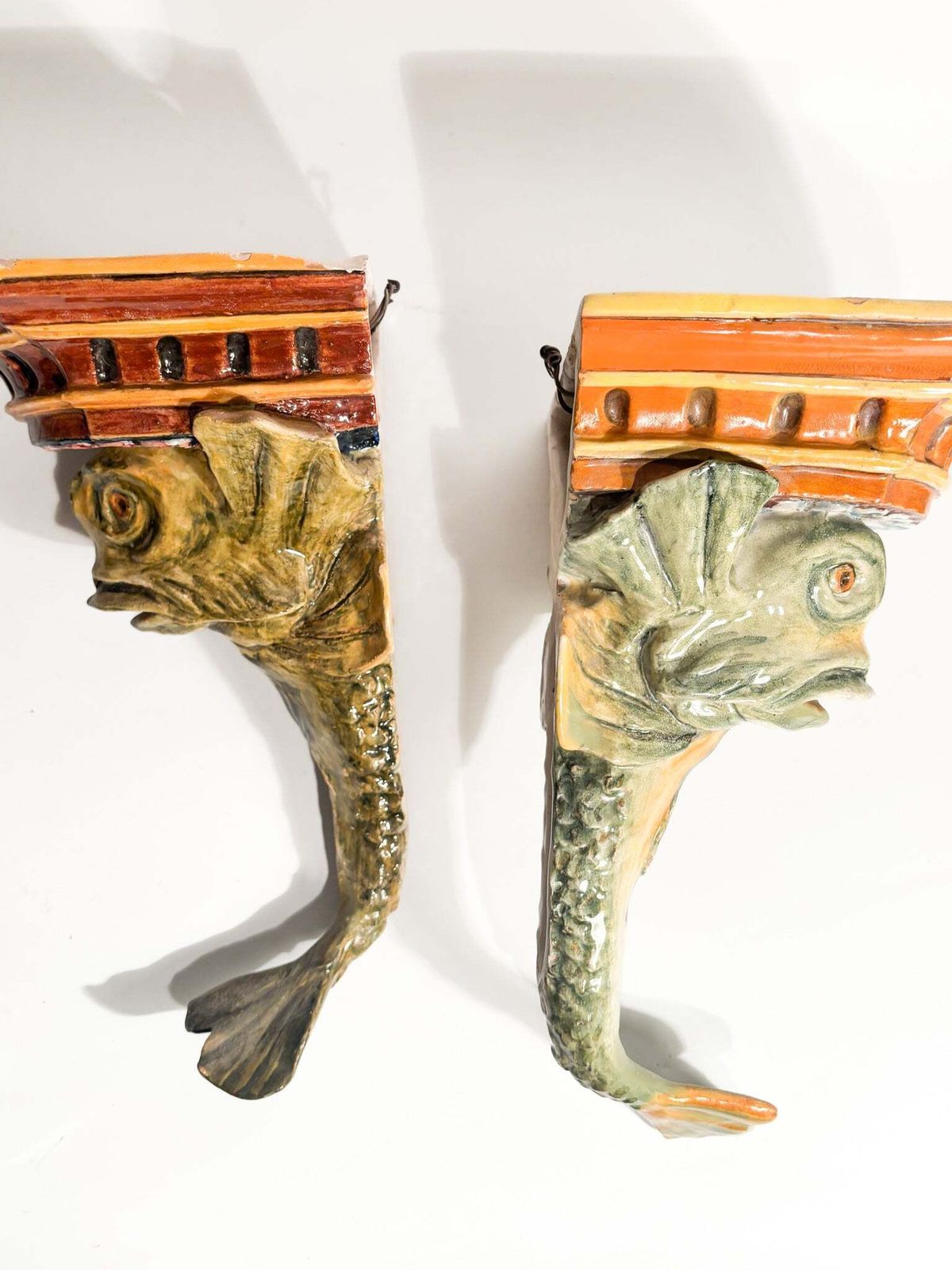 Pair Of Ceramic Shelves From Central Italy In The Shape Of A Fish, 19th Century photo vintage