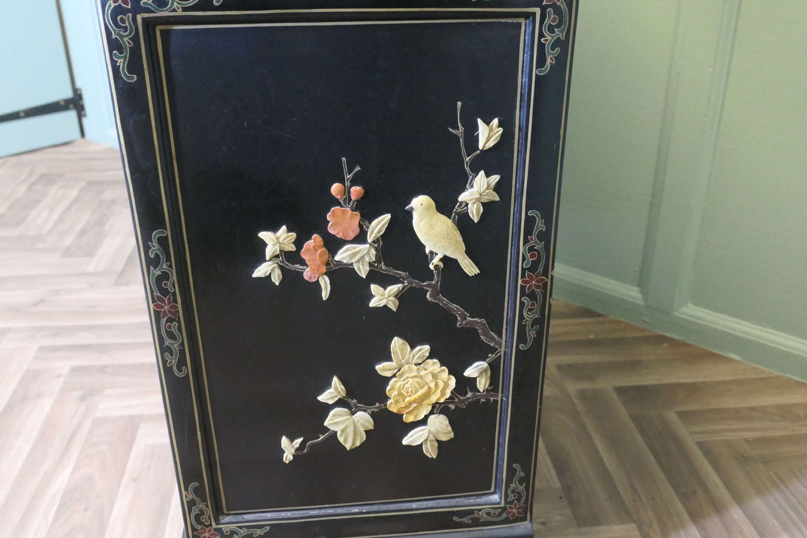 photo for sale Pretty Black Chinoiserie Cupboard Decorated With Birds And Flowers