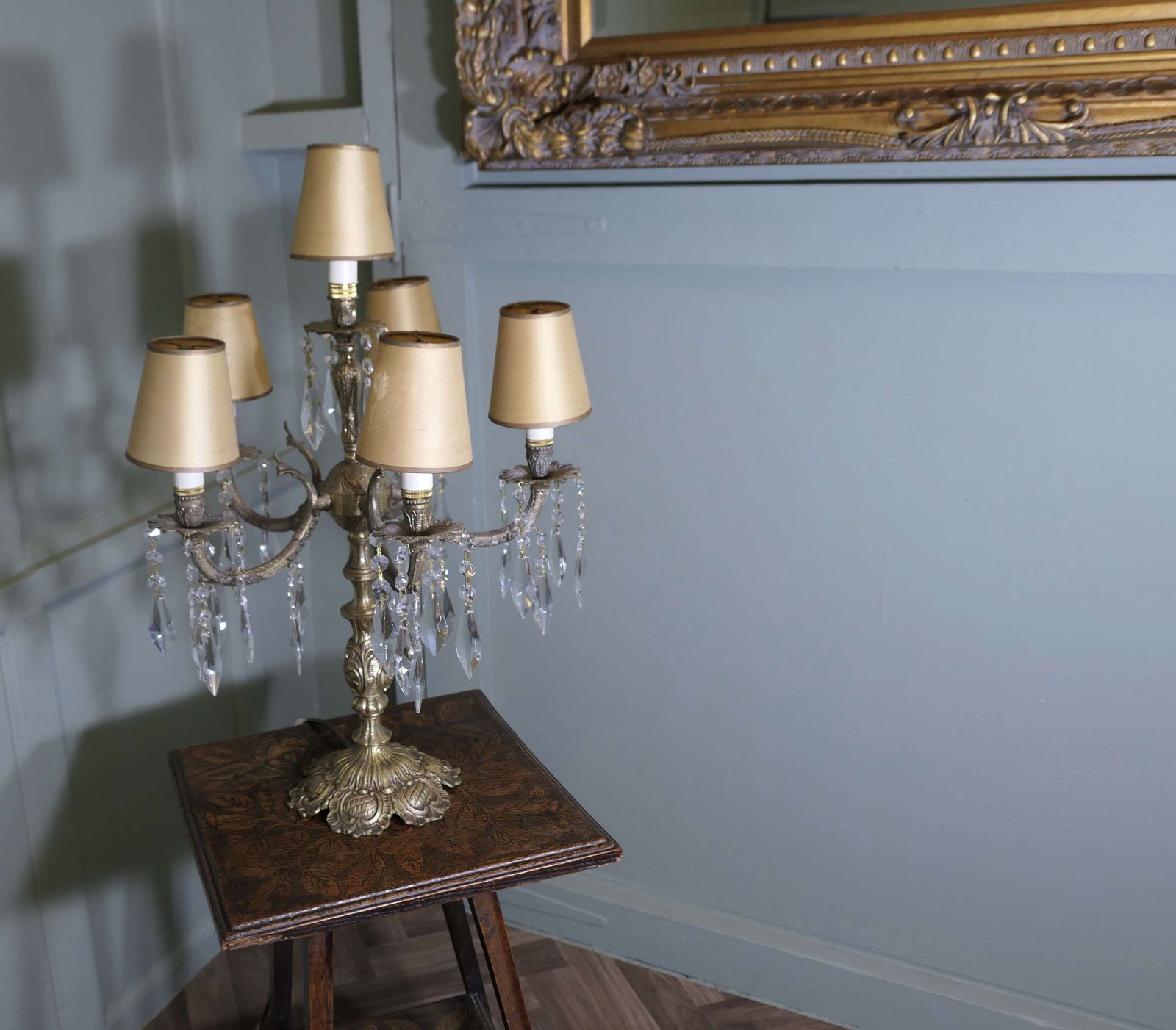 French Brass And Crystal 6 Branch Chandelier Table Lamp, Girandole photo buy