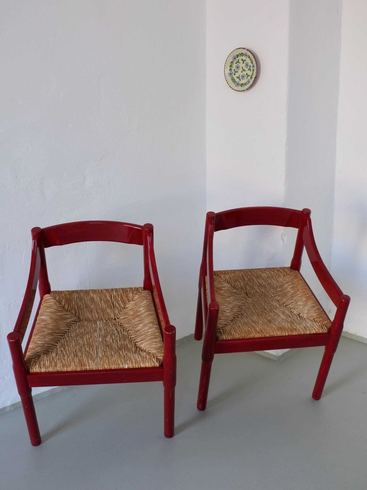 2 Red Vico Magistretti “Carimate” Style Armchairs | Italy | 1970s photo vintage
