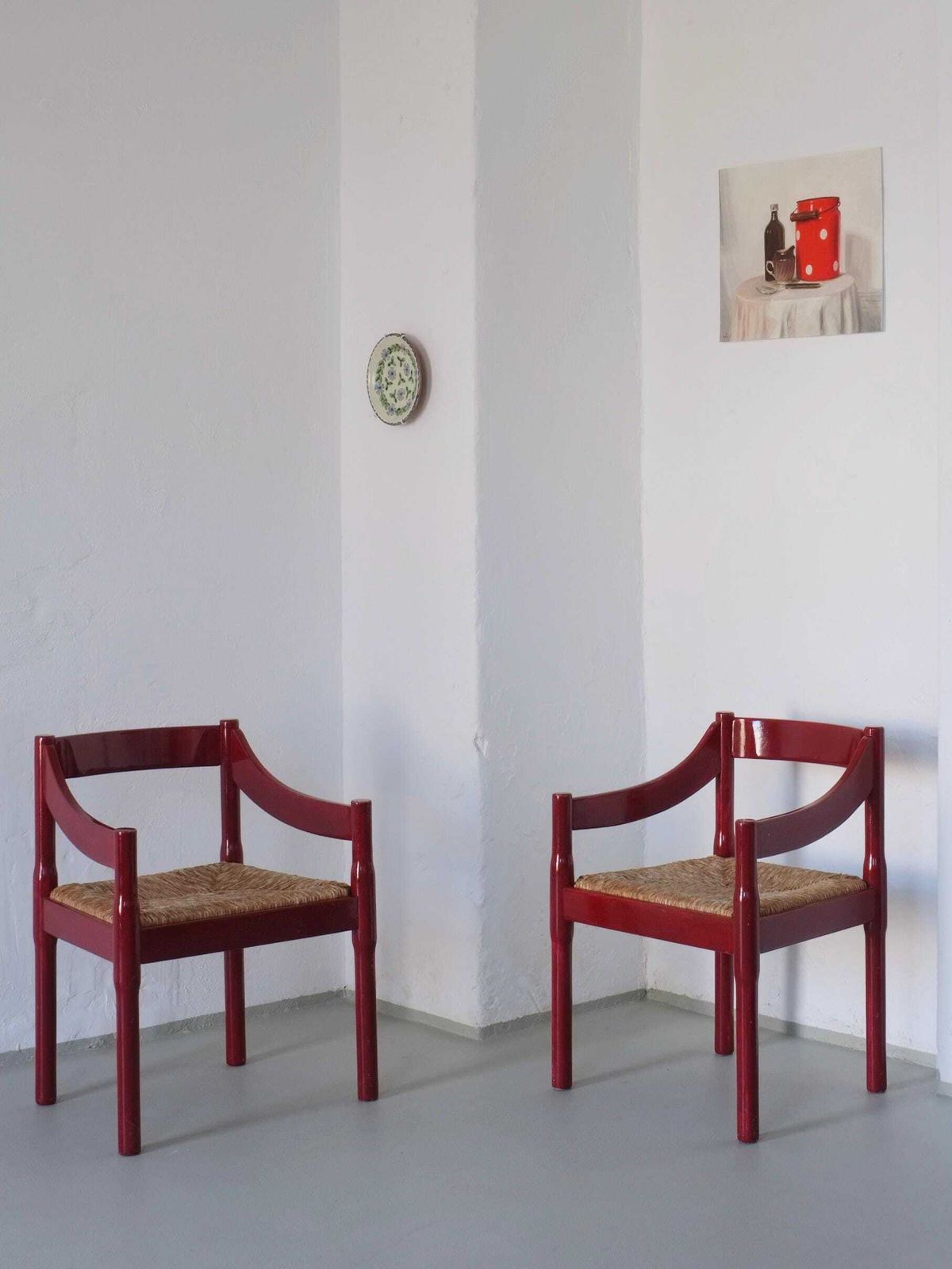 photo for sale 2 Red Vico Magistretti “Carimate” Style Armchairs | Italy | 1970s