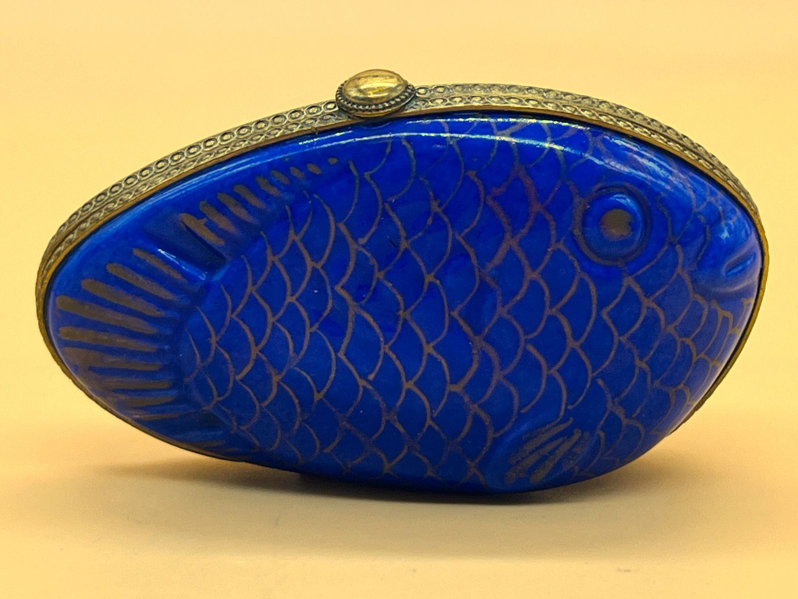 Peint Main Limoges Porcelain France Blue Fish Shape Trinket  / Jewelry Box. photo for sale