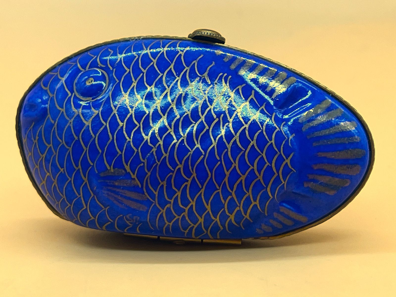 Peint Main Limoges Porcelain France Blue Fish Shape Trinket  / Jewelry Box.