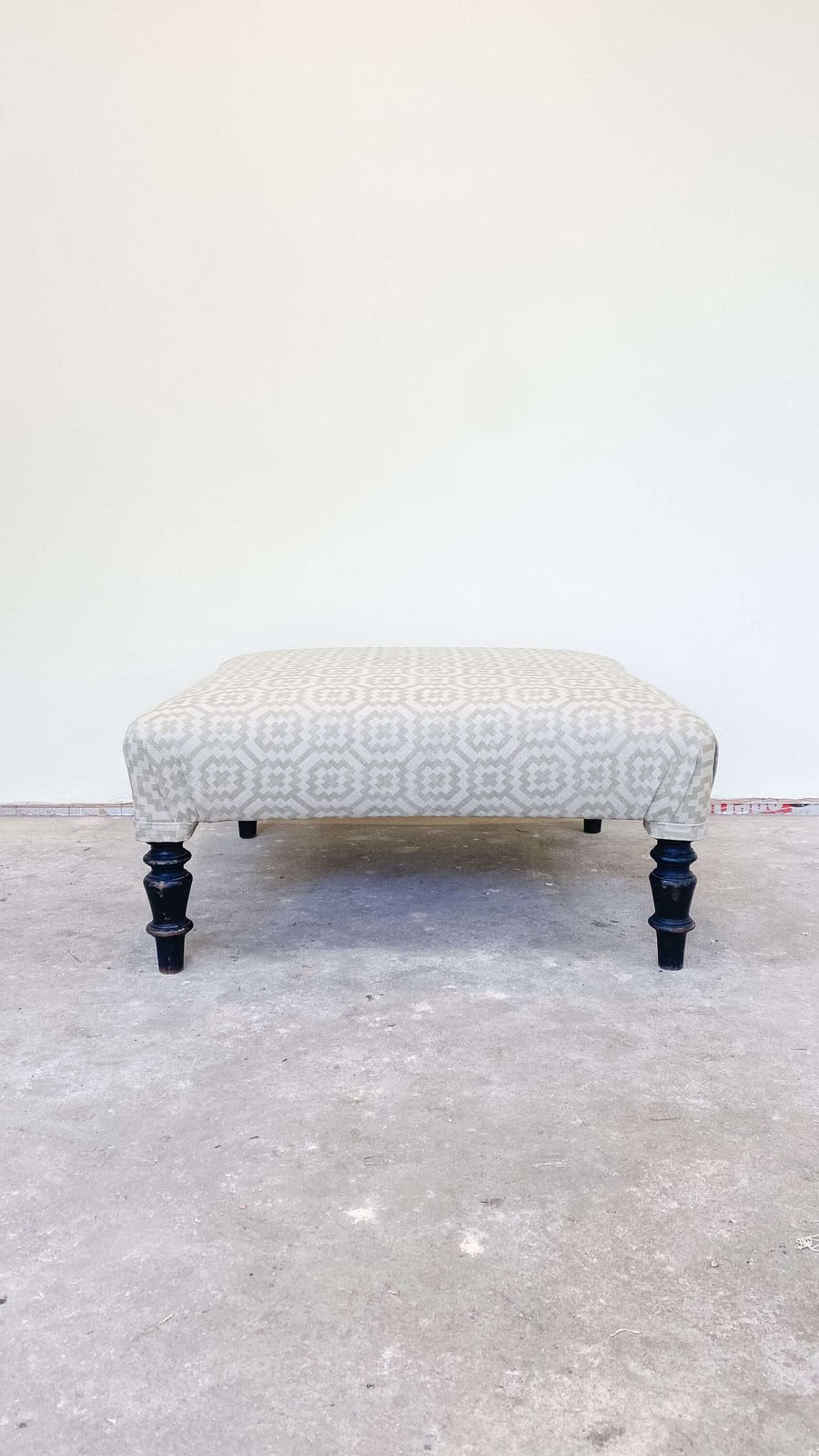 French Ottoman Footstool | Pouffe In Green Geometric Fabric With Ebonised Legs photo Furniture