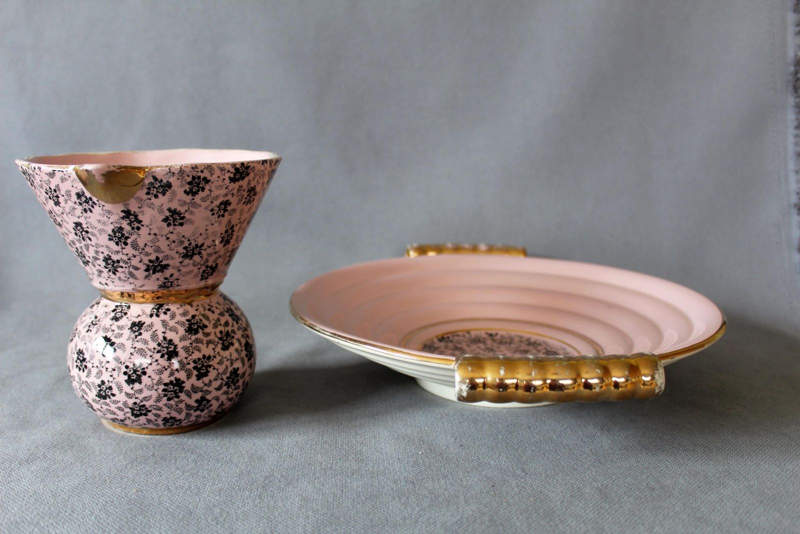 Set Van 2 Art Deco Raymond Chevallier, Boch Freres Keramis Grote Keramische Schaal En Kan, Middenstuk België, Zachtroze, Catteau Ca. 1938 photo vintage
