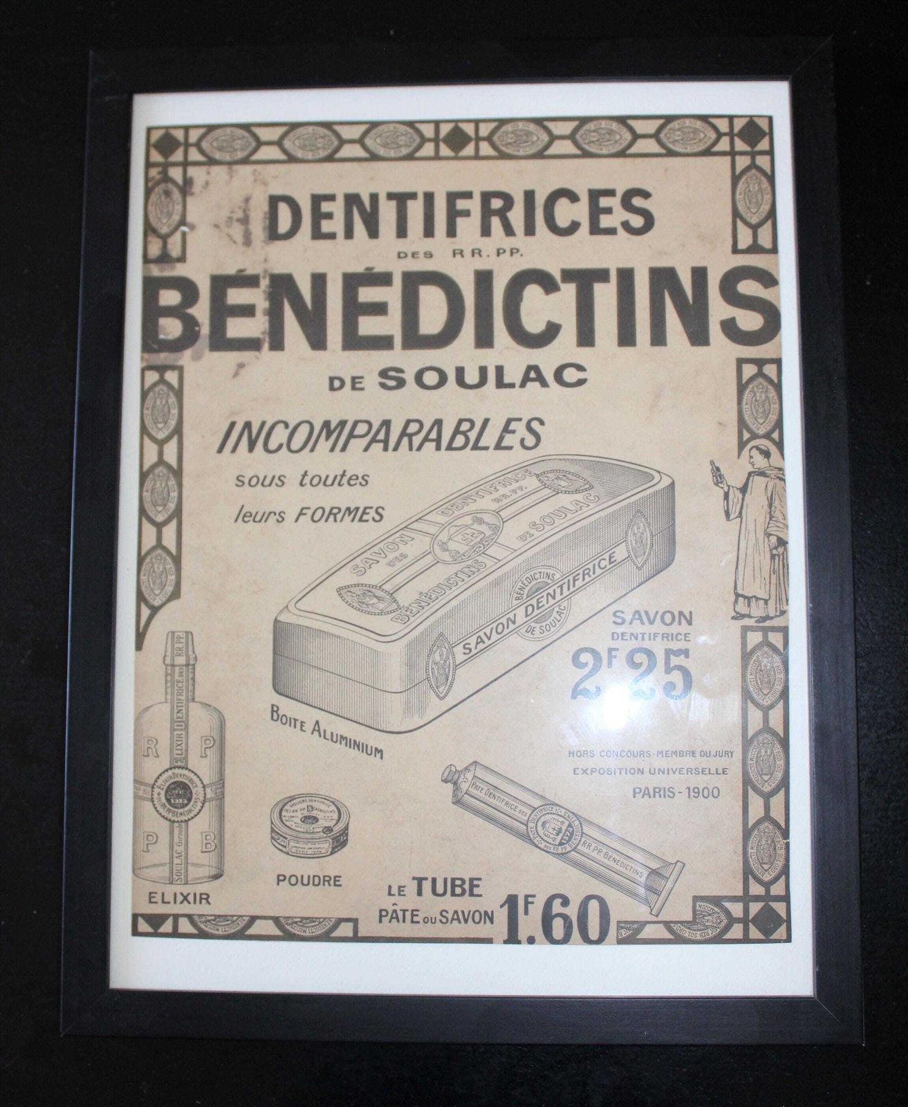 Large Framed Antique French Dental Advertising Poster, Dentifrices Des Benedictins Soulac, French Abbey Toothpaste, Monastery, Monks, Black photo buy