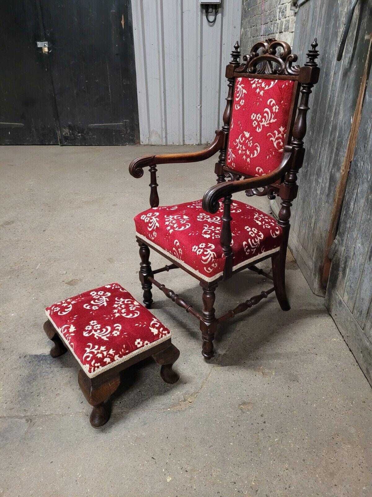 Antique 19th Century Victorian Upholstered Armchair And Footstool photo Furniture