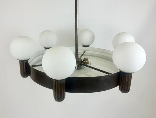 Arts And Crafts Bronze 6 Arm Chandelier, 1910s photo vintage