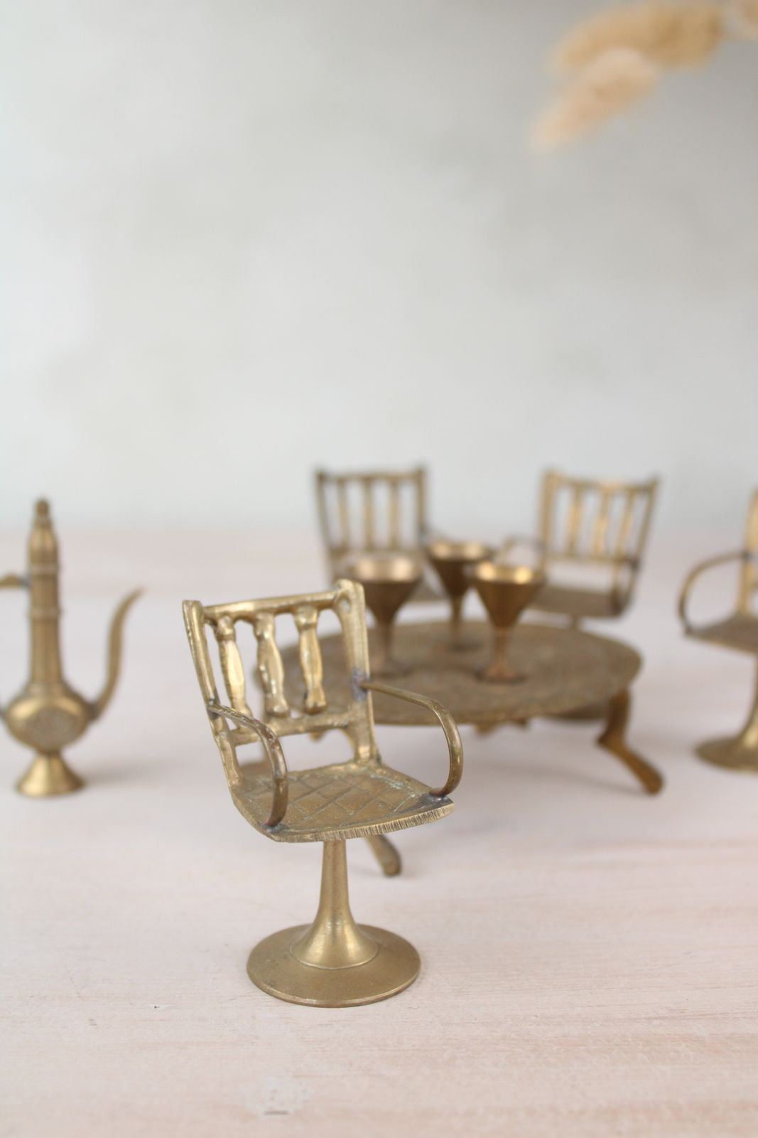 Home Decor Set Of Miniature Brass Chairs And A Table photo