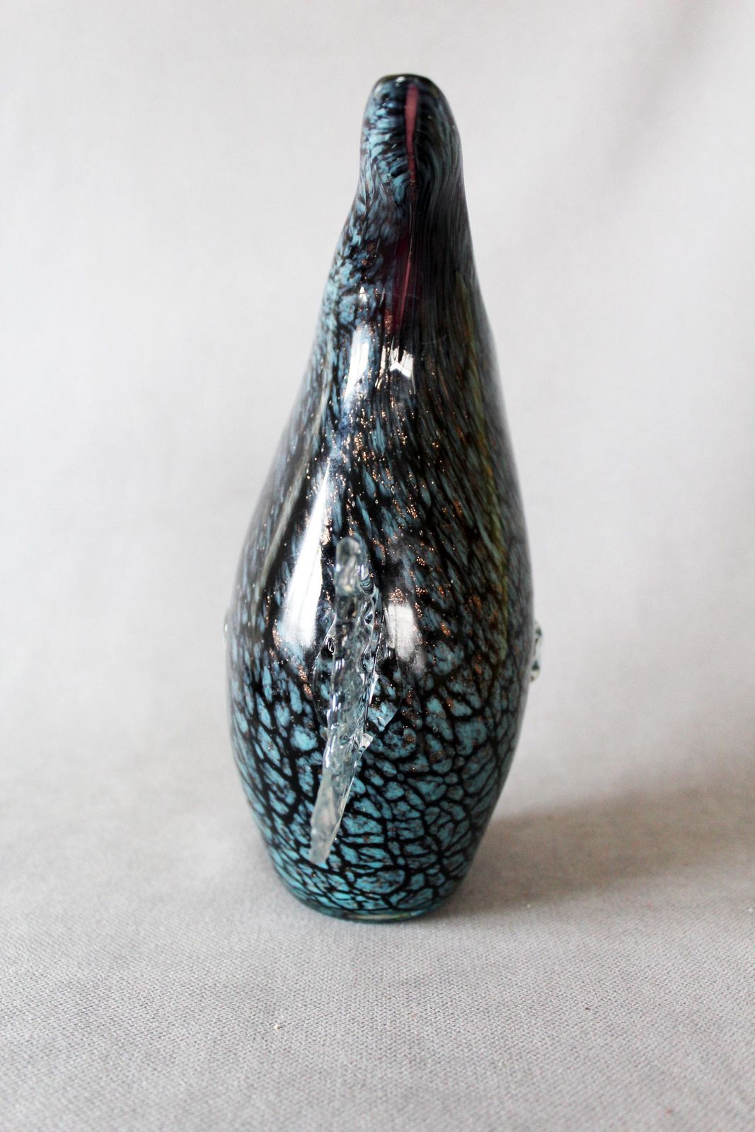 Large Vintage Art Glass Fish Shaped Vase, Fish Glass Sculpture, Aventurine Gold Flakes, Dark Blue, Hand Made, Glass Fish, Flattened Shape photo vintage