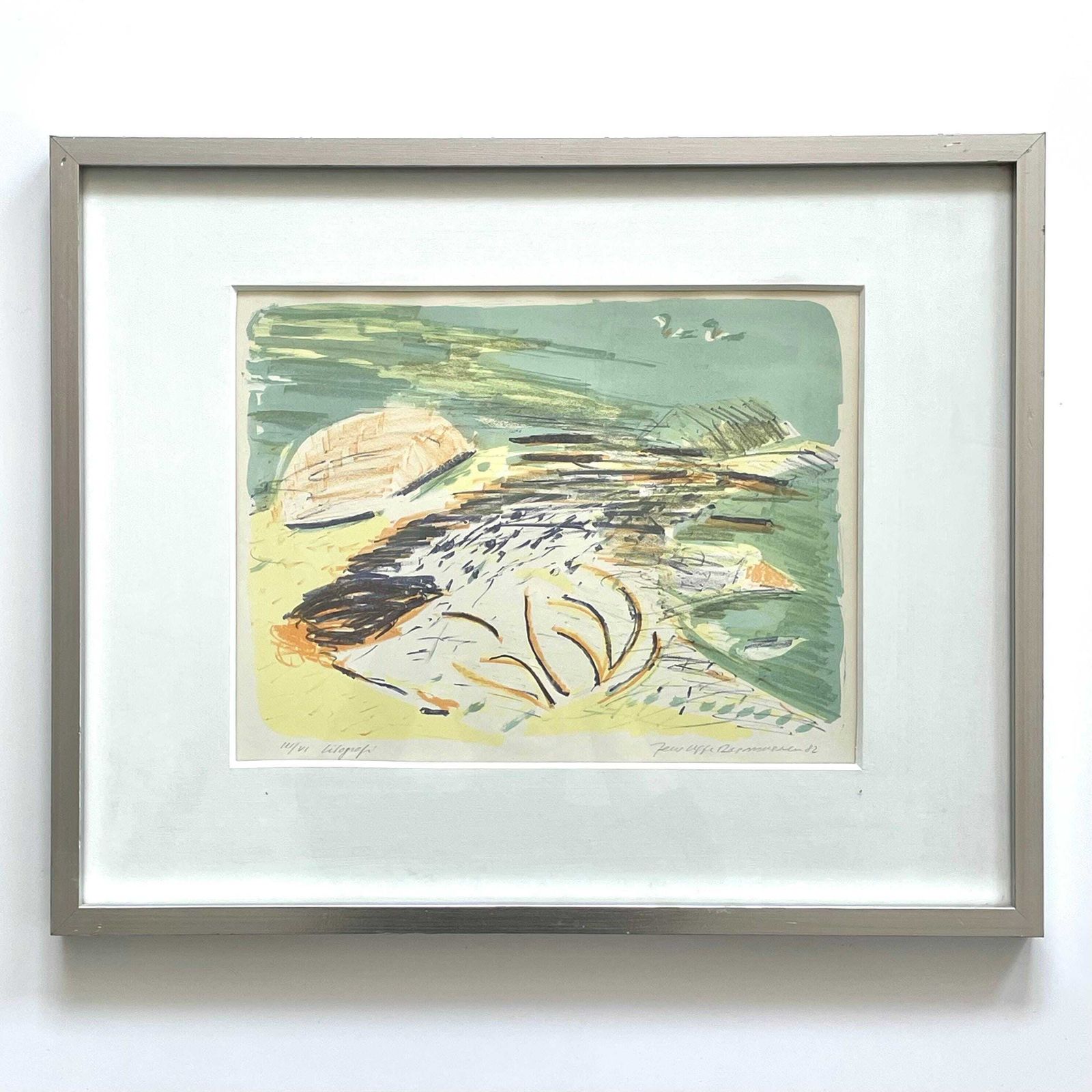 Vintage Danish Lithographic Print From 1982 By Jens Uffe Rasmussen (B. 1948)   Abstract Expressionist Art By Renowned Artist From Denmark