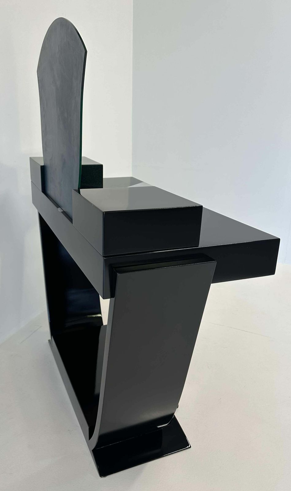 Furniture Italian Art Deco Black And Green Lacquer, Silver Leaf Vanity Table, 1970s photo