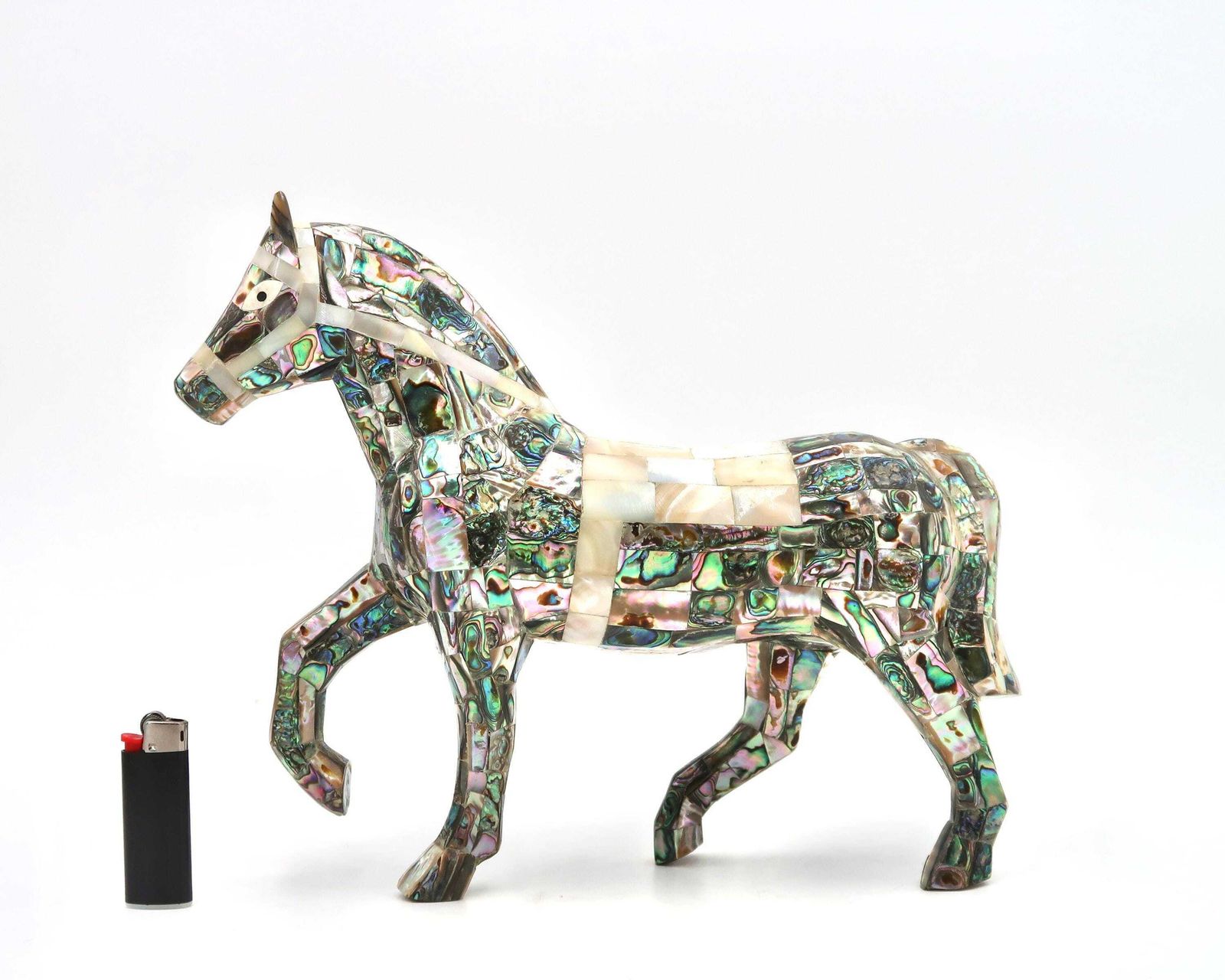 Large Mexican Horse Sculpture Inlaid With Mother Of Peal Abalone Shell, 1970s / Inlay, Mosaic, Animal, Art, Mexico, Boho Chic Bohemian Folk photo for sale