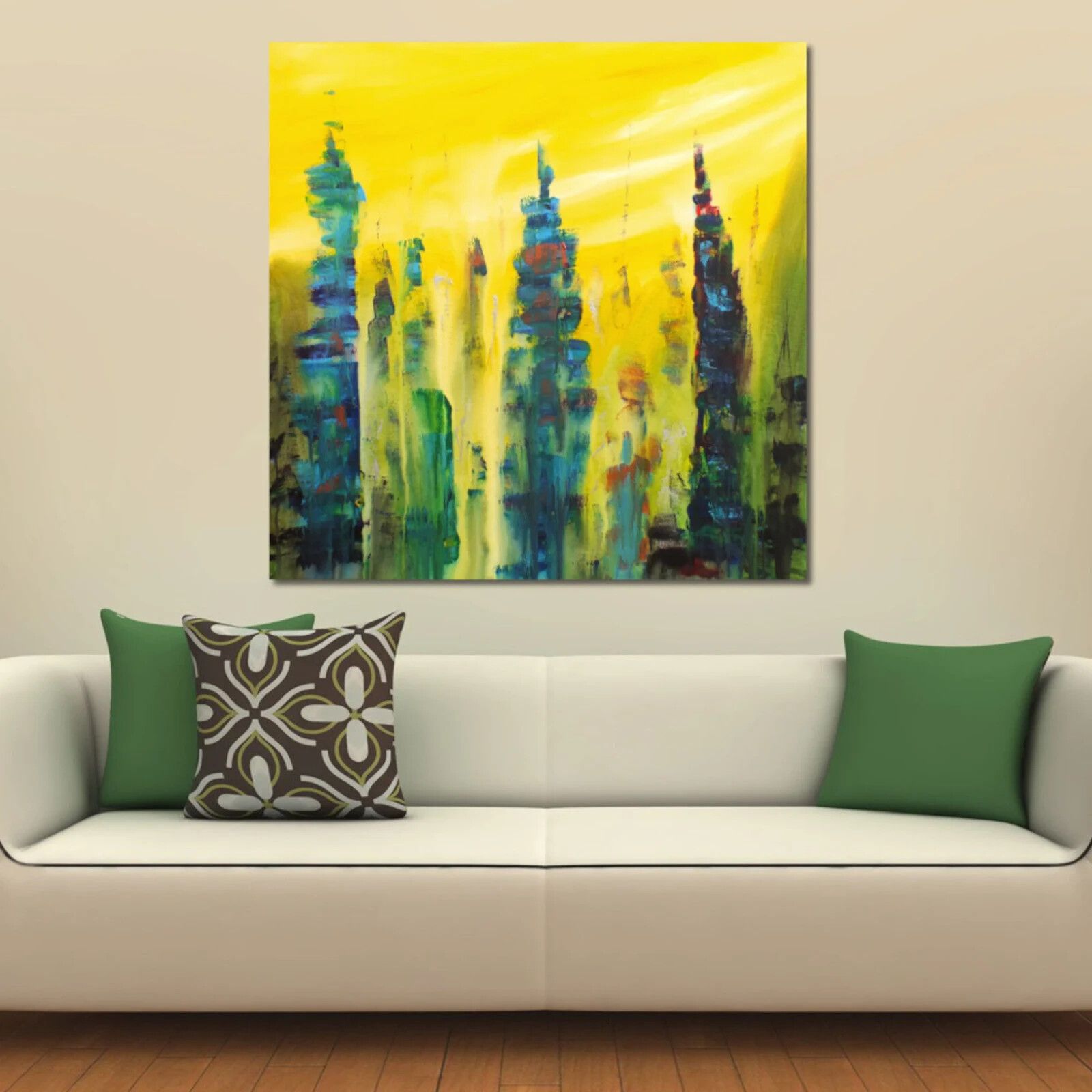 Large Abstract Cityscape Painting City Spires Signed  James Lucas 90cm X 90cm photo furniture