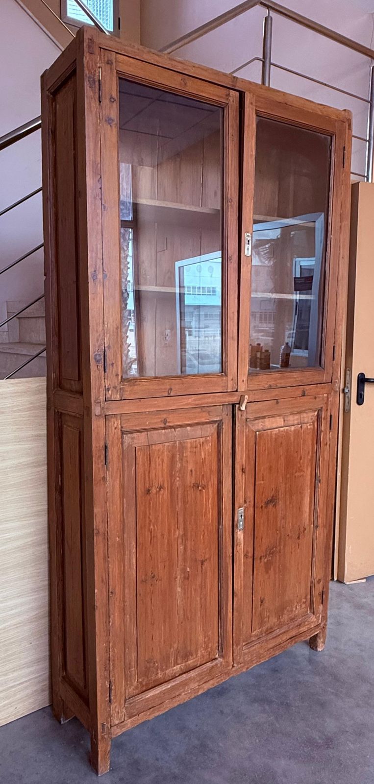 19th Century Large & Narrow Cupboard Or Bookcase With Glass Vitrine, Pine photo furniture