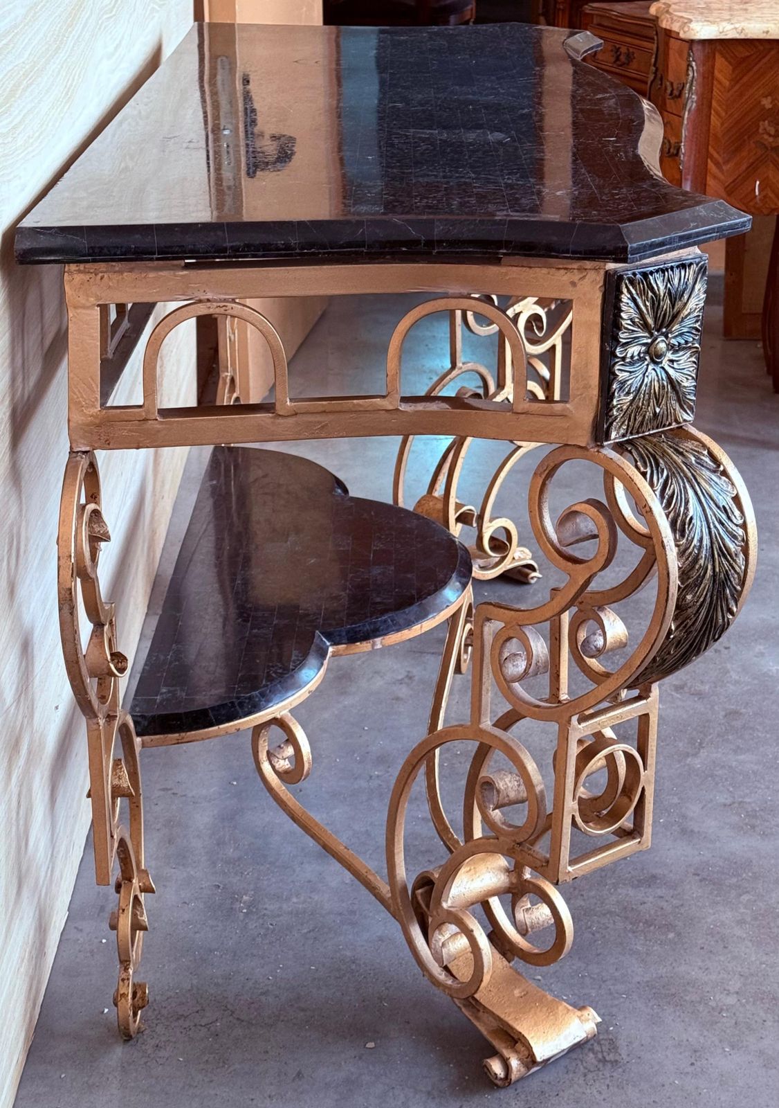 French 19th Louis XV Wrought Iron Gilded Console With Marble Top And Low Shelve photo Furniture
