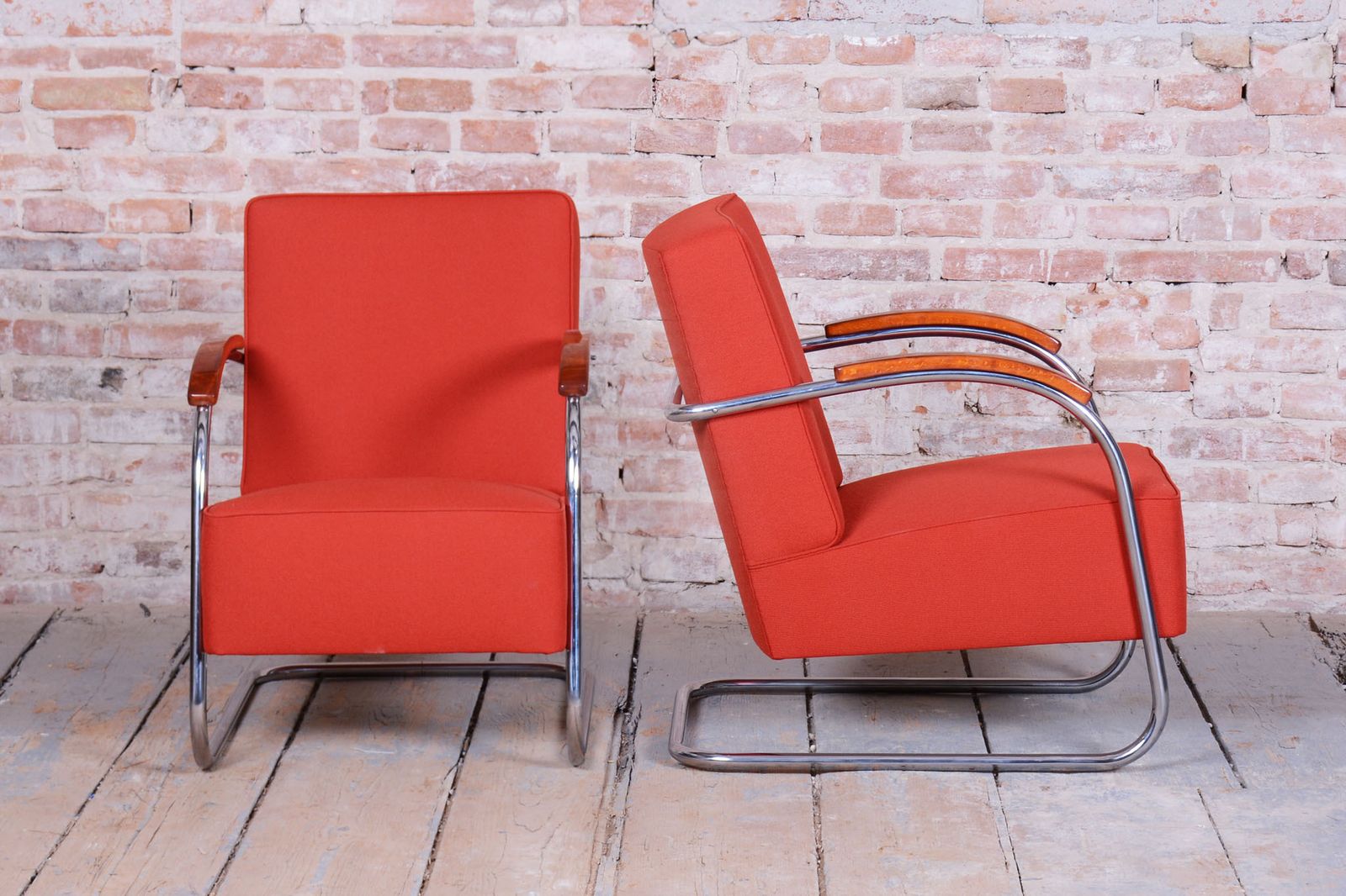 Pair Of Restored Bauhaus Armchairs, By Mücke Melder, Beech, Chrome, Czech, 1930s photo buy