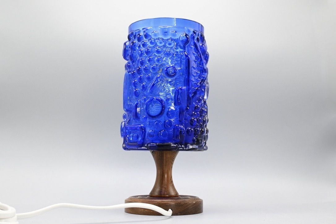 Large Vintage Blue Glass Table Lamp With Wooden Foot By Josef Schott For Smalhandshyttan Glass, Sweden 1960s photo Lighting