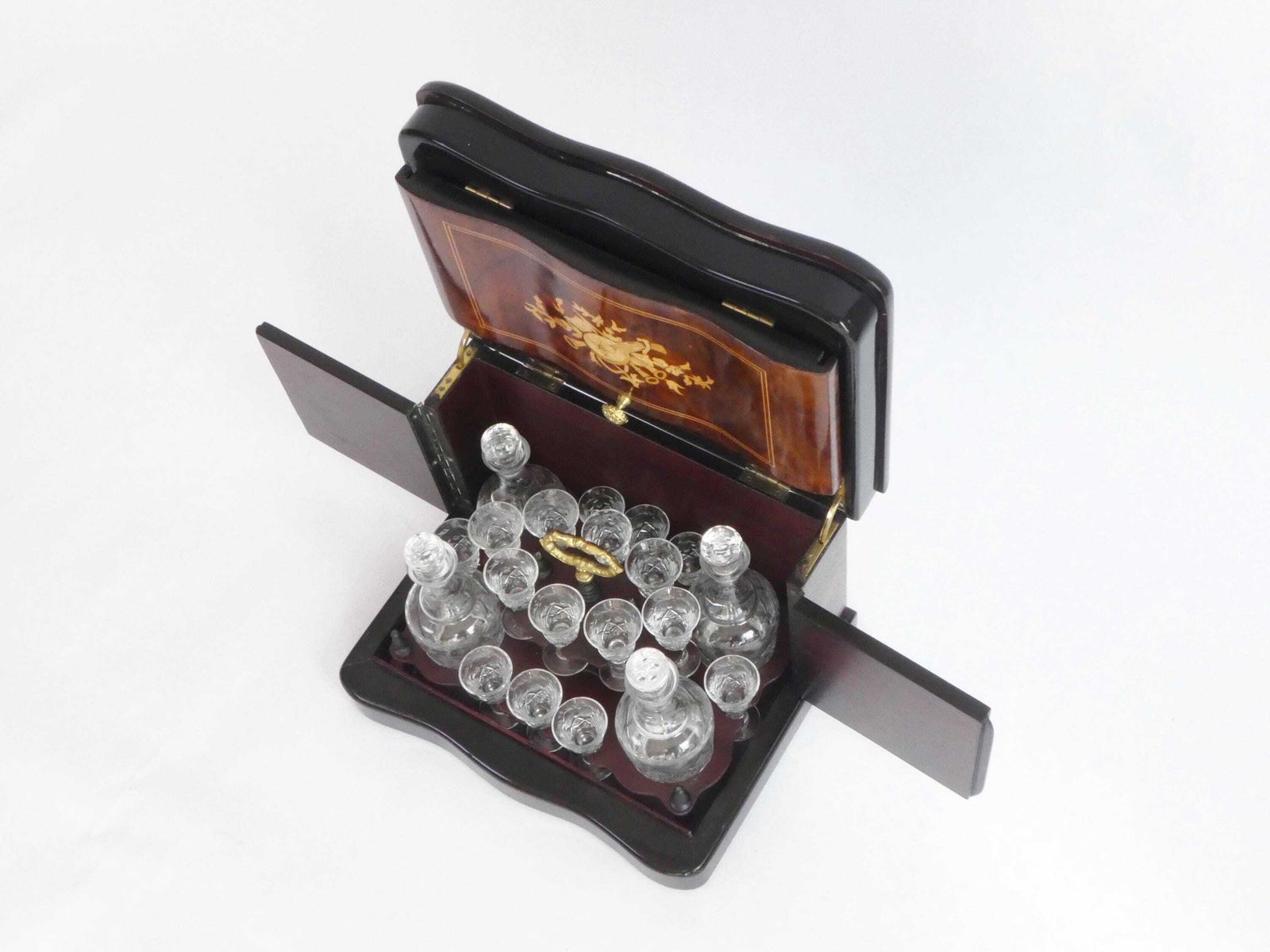 French Napoleon III Tantalus With Crystal Glassware, Antique Wooden Walnut Inlaid Liquor Cabinet, Cellar With Guitar Figure photo Home Decor