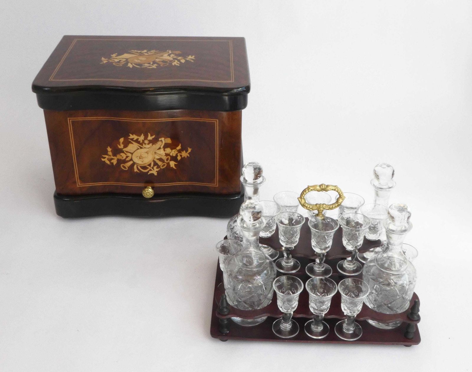 French Napoleon III Tantalus With Crystal Glassware, Antique Wooden Walnut Inlaid Liquor Cabinet, Cellar With Guitar Figure photo buy