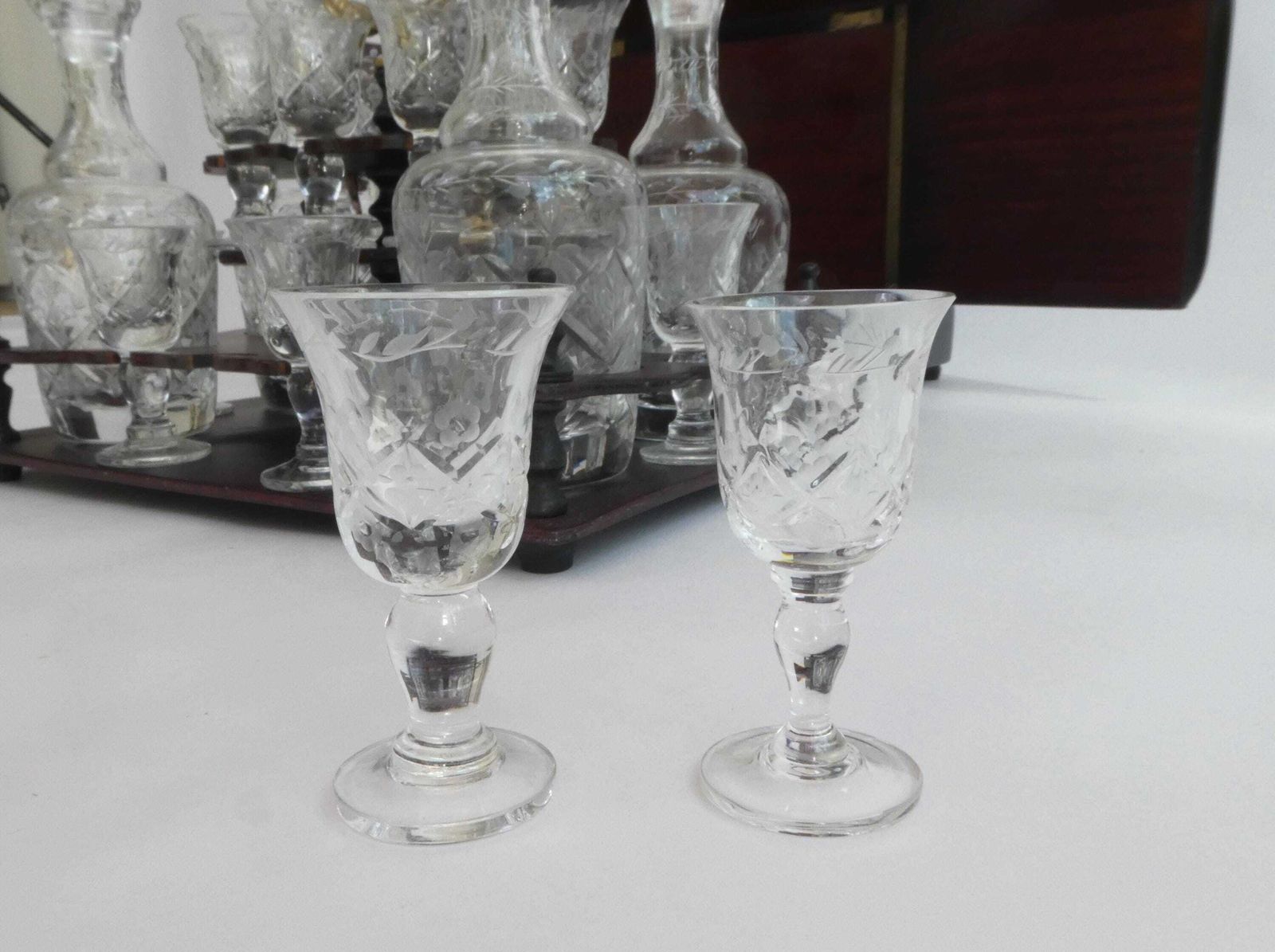 photo furniture French Napoleon III Tantalus With Crystal Glassware, Antique Wooden Walnut Inlaid Liquor Cabinet, Cellar With Guitar Figure