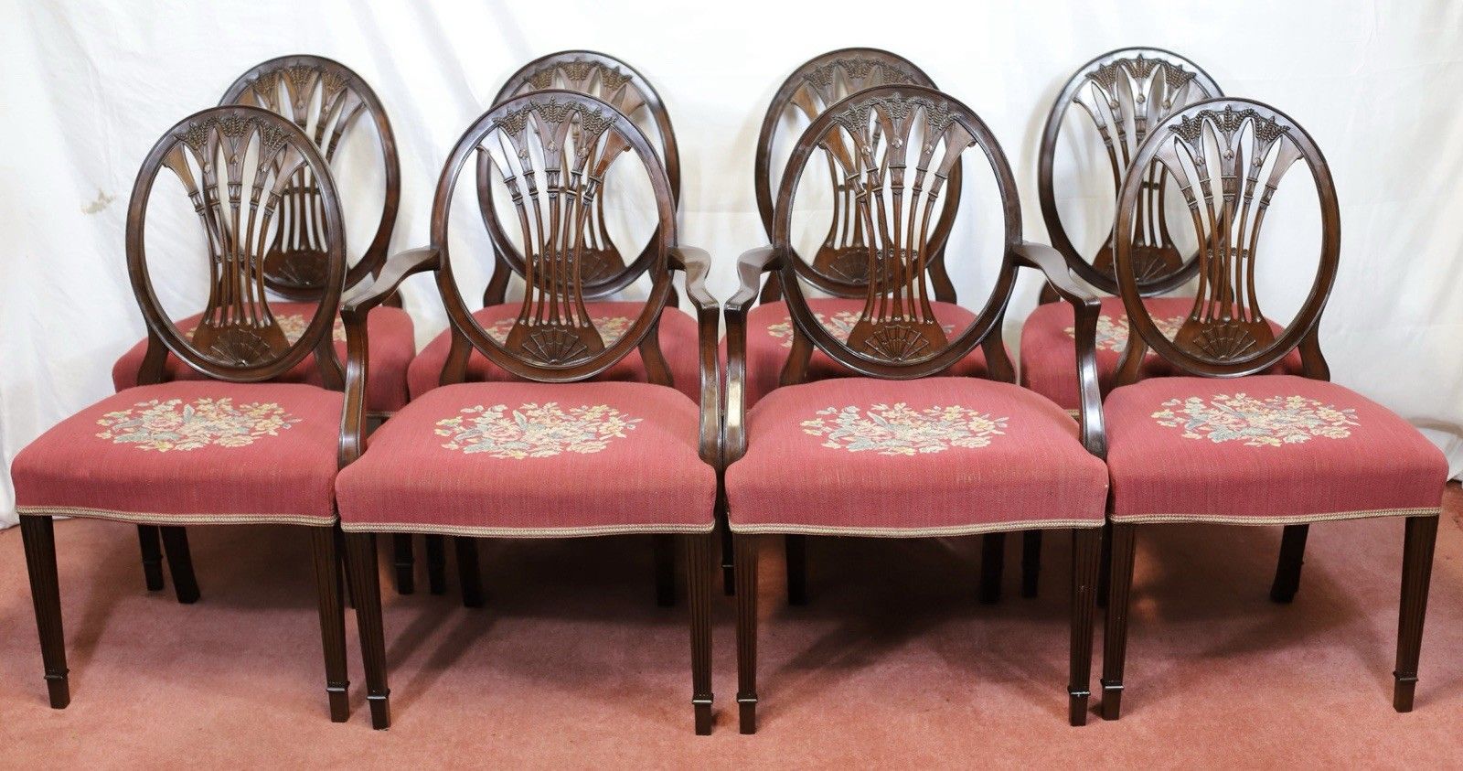 Lovely Set Of Eight Victorian Carved Mahogany Hepplewhite Style Dining Chairs
