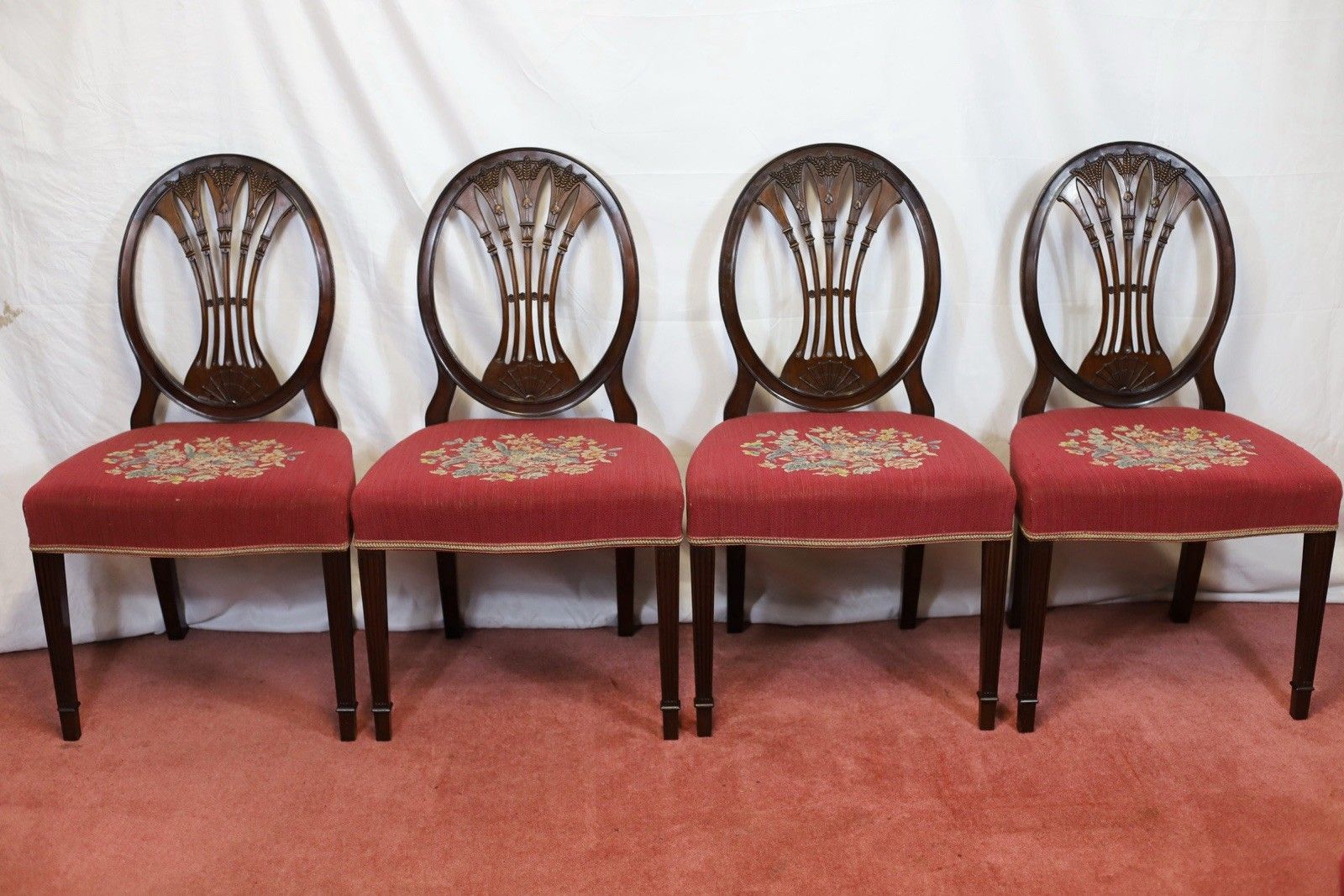 Lovely Set Of Eight Victorian Carved Mahogany Hepplewhite Style Dining Chairs photo for sale