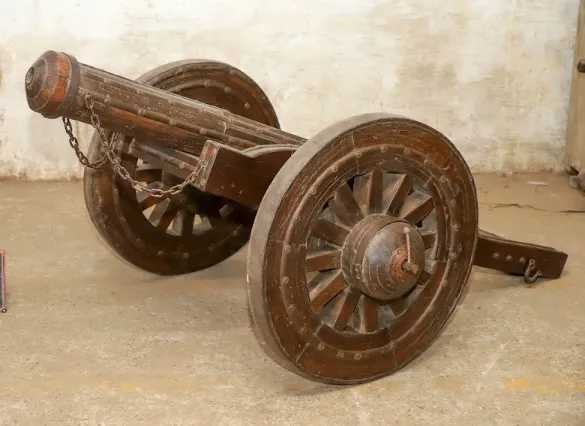 Antique French Designed Teakwood Pillar Canon | Circa 1890 Hyderabad, India | Military Artillery With Working Wheels photo furniture