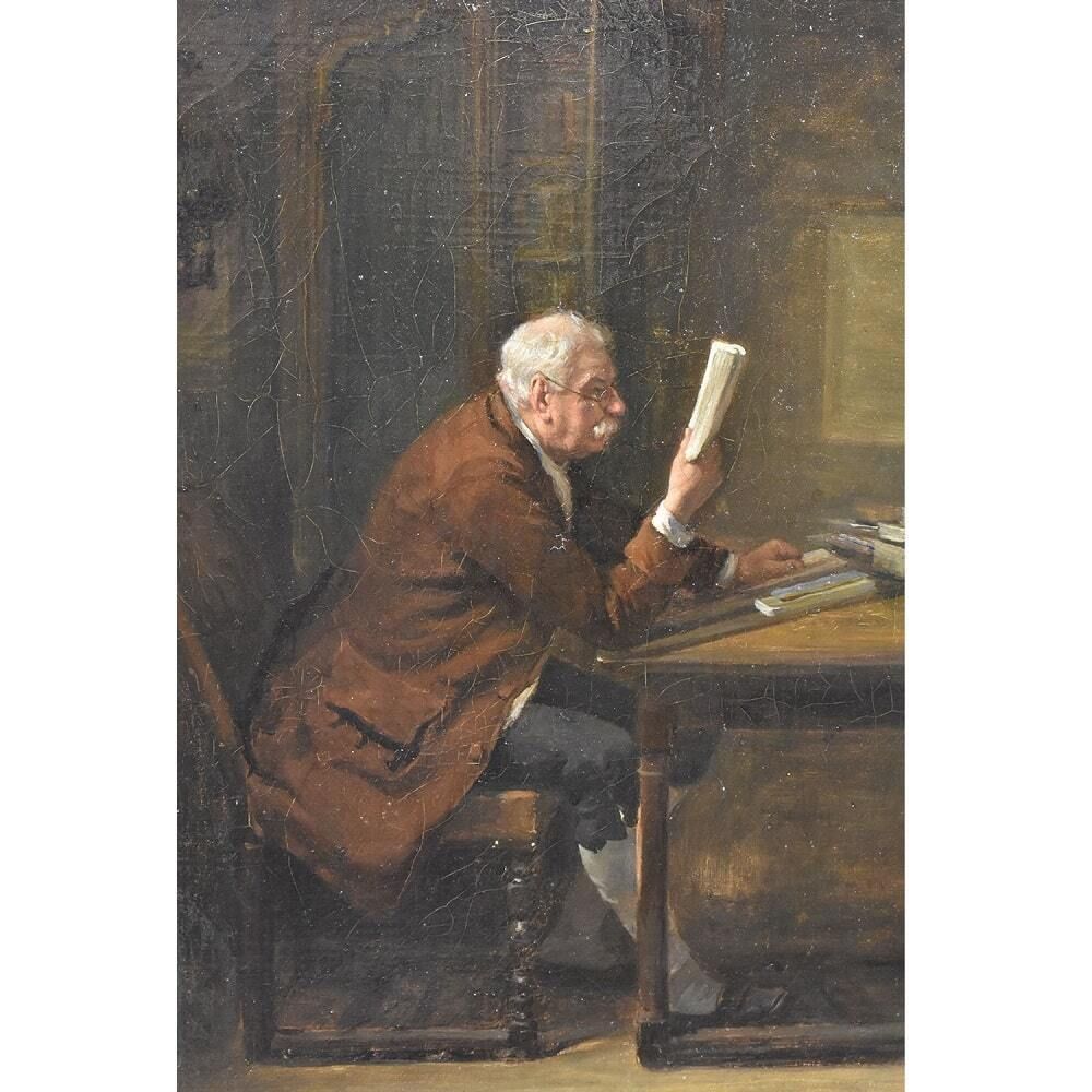 Antique Painting, Interior With Portrait Of A Man Reading, 19th Century. (Qr510) photo furniture
