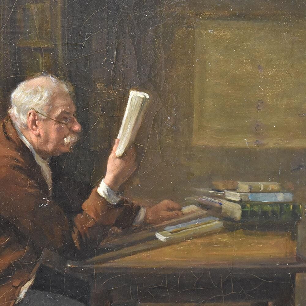 Antique Painting, Interior With Portrait Of A Man Reading, 19th Century. (Qr510) photo Art