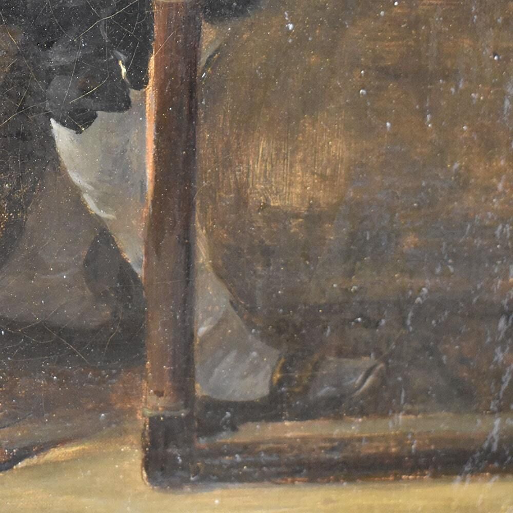 Antique Painting, Interior With Portrait Of A Man Reading, 19th Century. (Qr510) photo vinterior