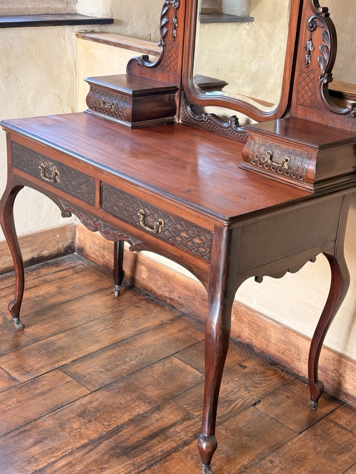 photo for sale Fine  English Victorian Antique Mahogany Carved Dressing Table By Maple Co