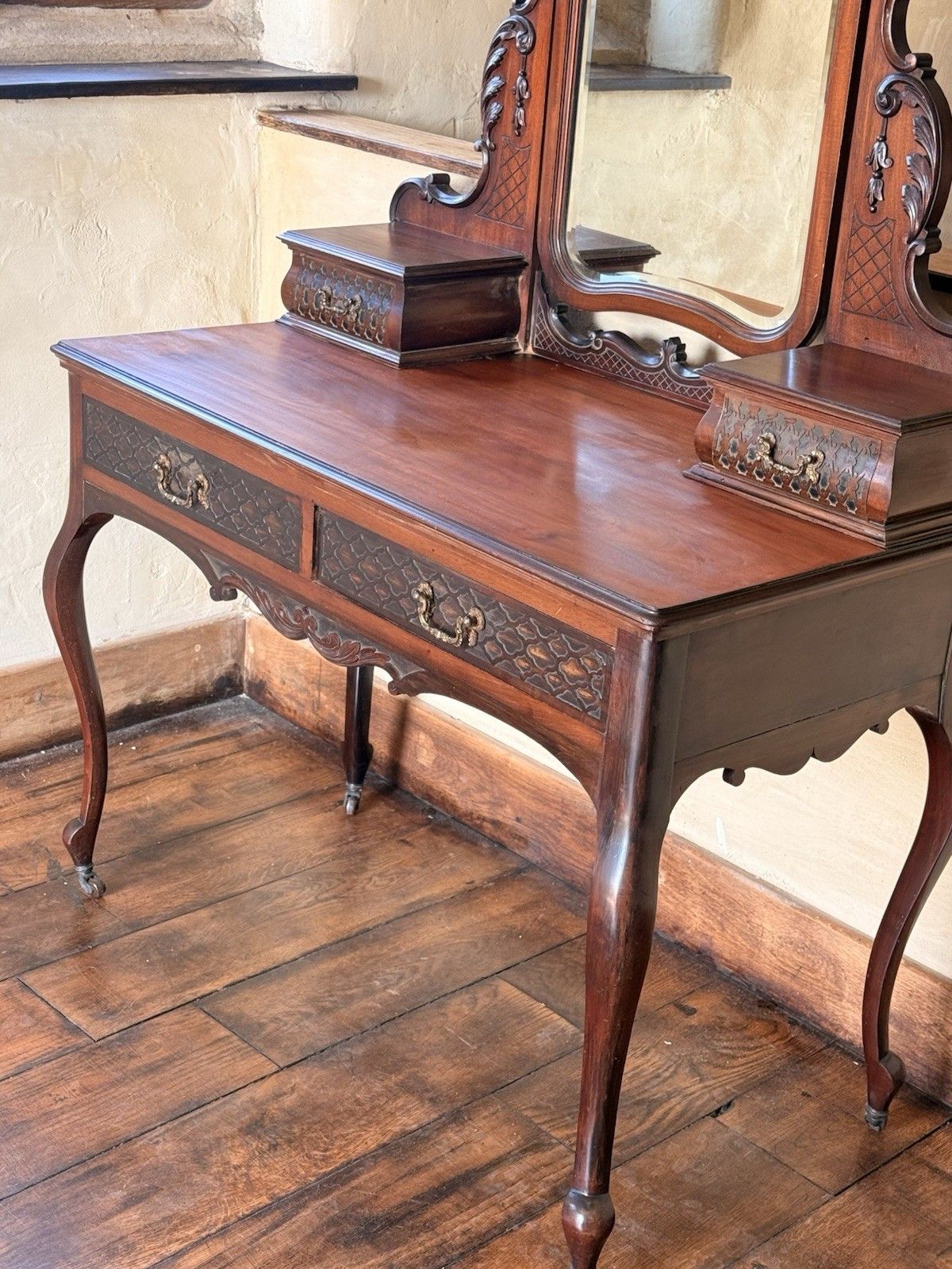 Furniture Fine  English Victorian Antique Mahogany Carved Dressing Table By Maple Co photo