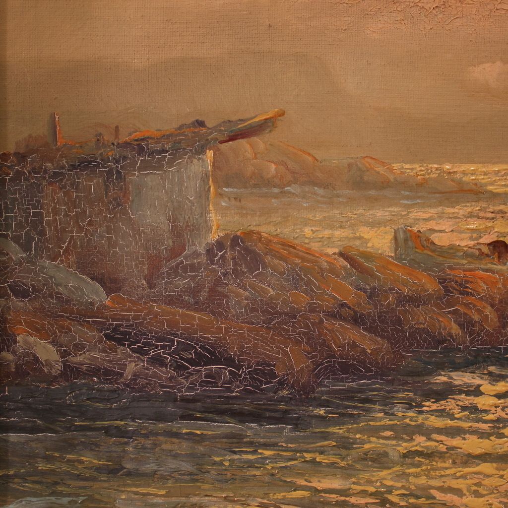 Painting Signed Remo Testa, Fishermen At Sunset photo for sale